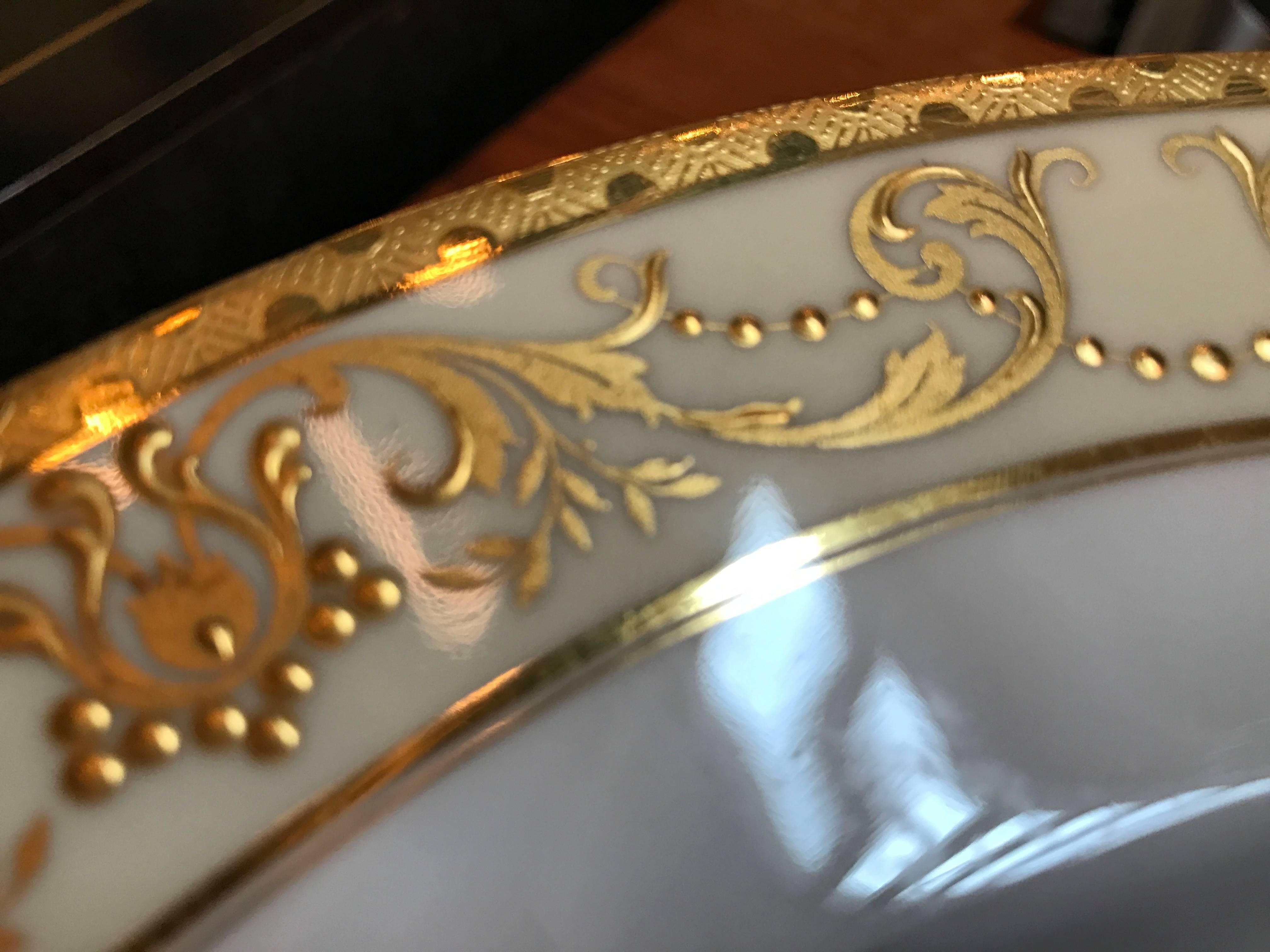 Set of 12 Gold Encrusted English Raised Gilt Service Plates In Excellent Condition In Lambertville, NJ