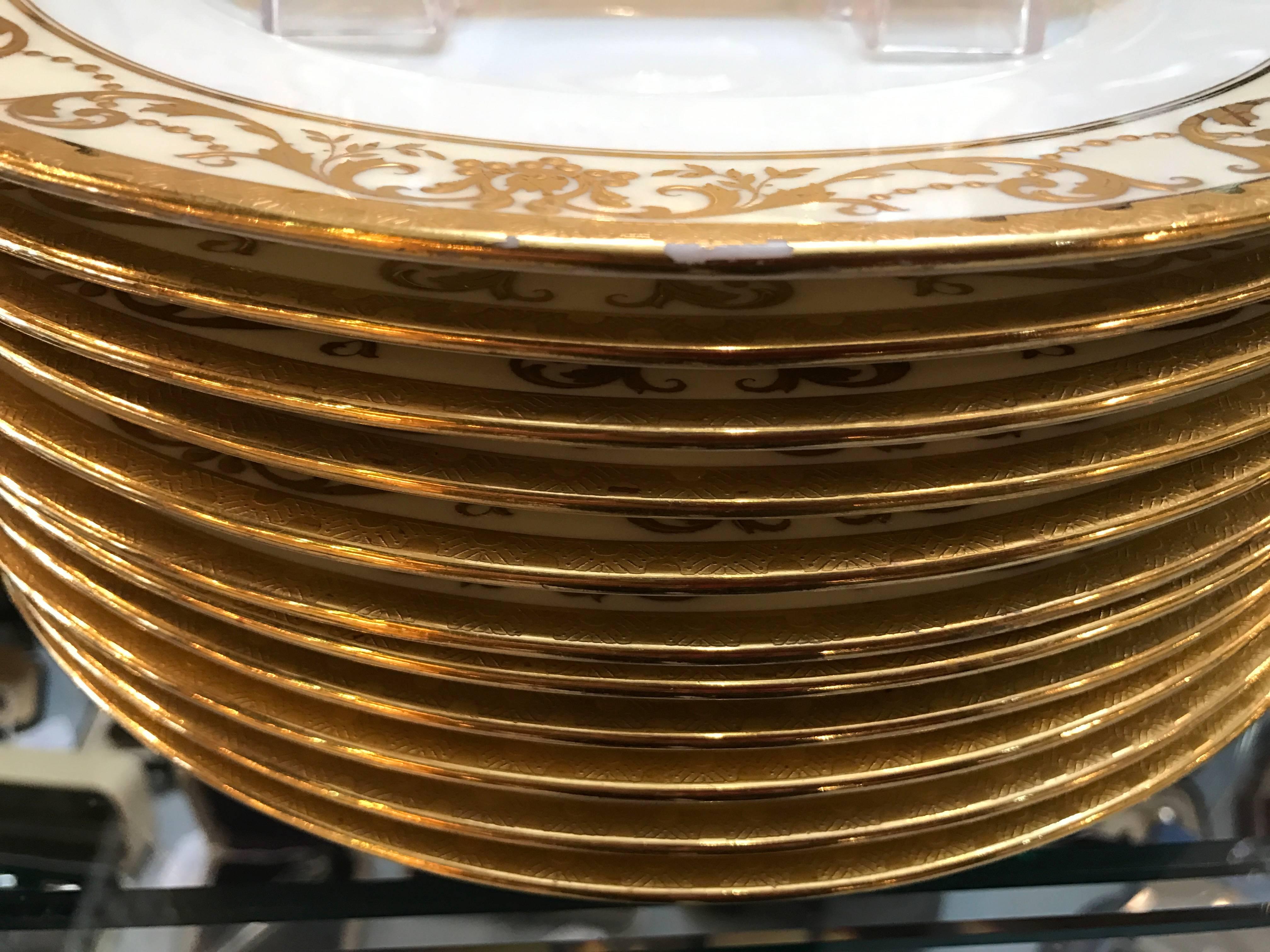 Set of 12 Gold Encrusted English Raised Gilt Service Plates 3
