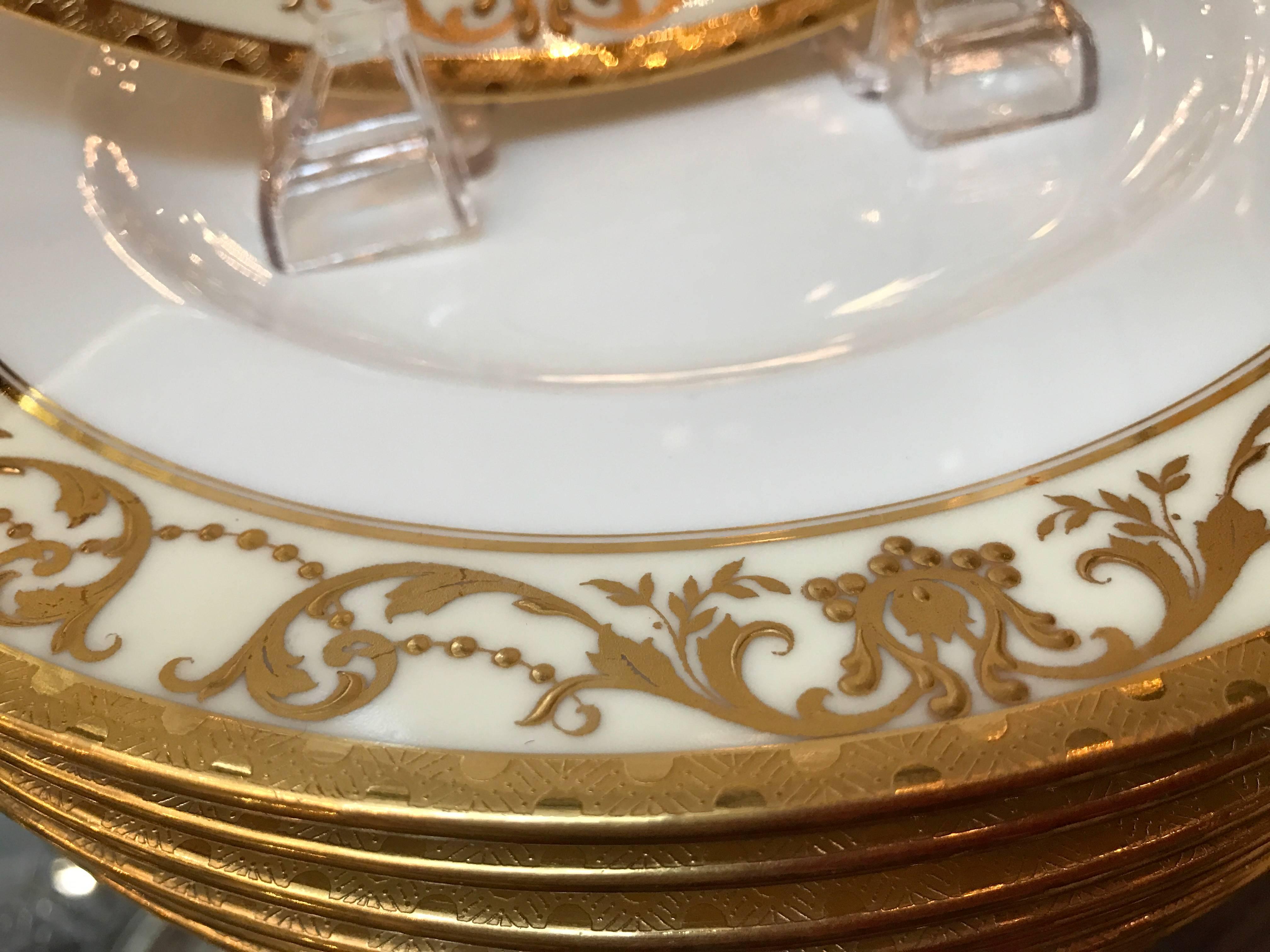 Porcelain Set of 12 Gold Encrusted English Raised Gilt Service Plates