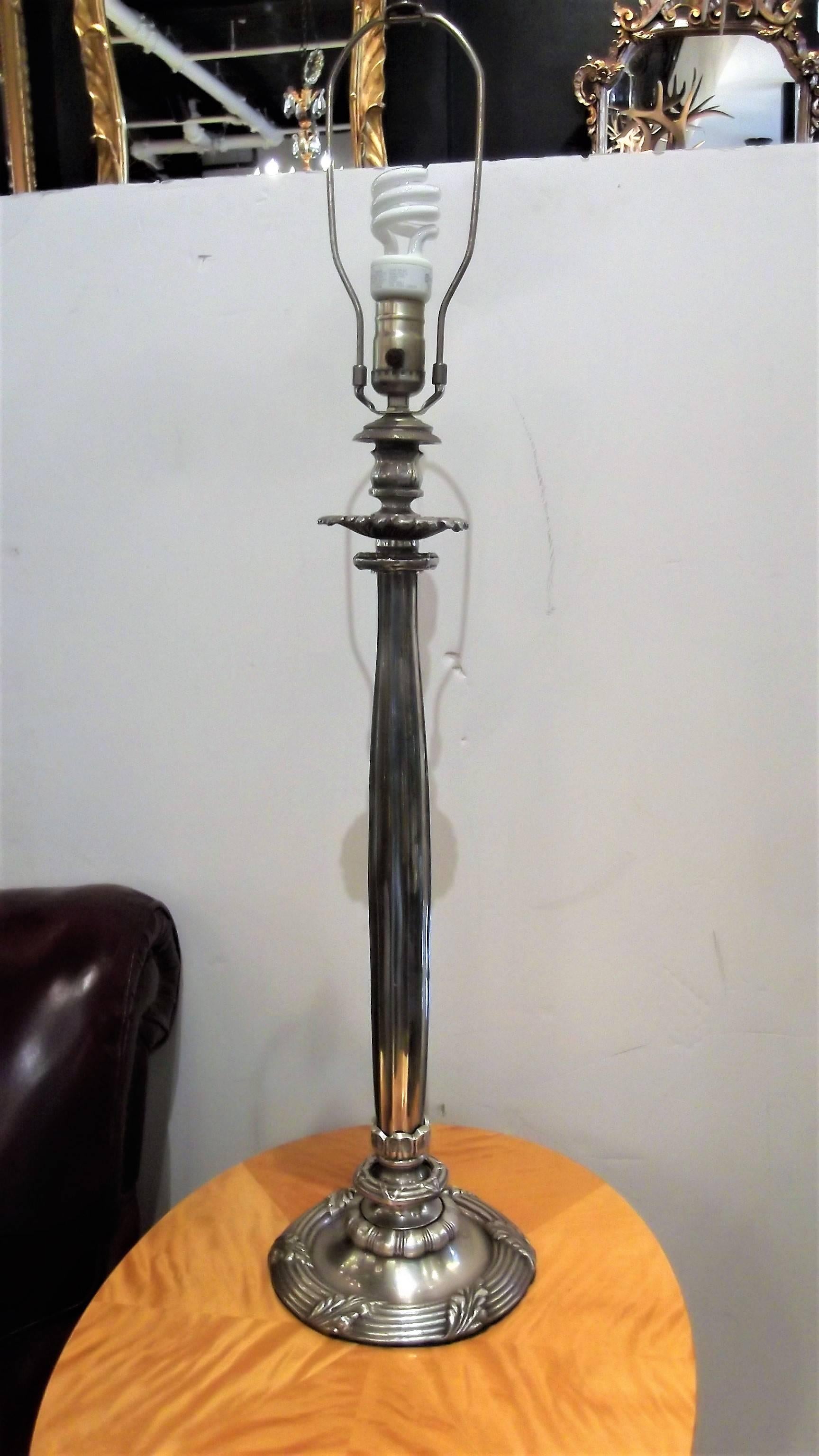 Pair of Silvered Cast Bronze Column Lamps In Excellent Condition In Lambertville, NJ