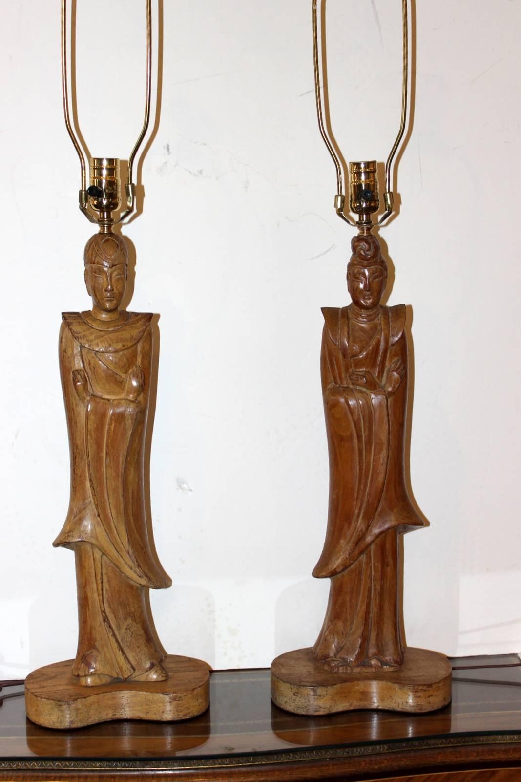 Pair of James Mont Style Oriental Figure Lamps In Excellent Condition In Lambertville, NJ