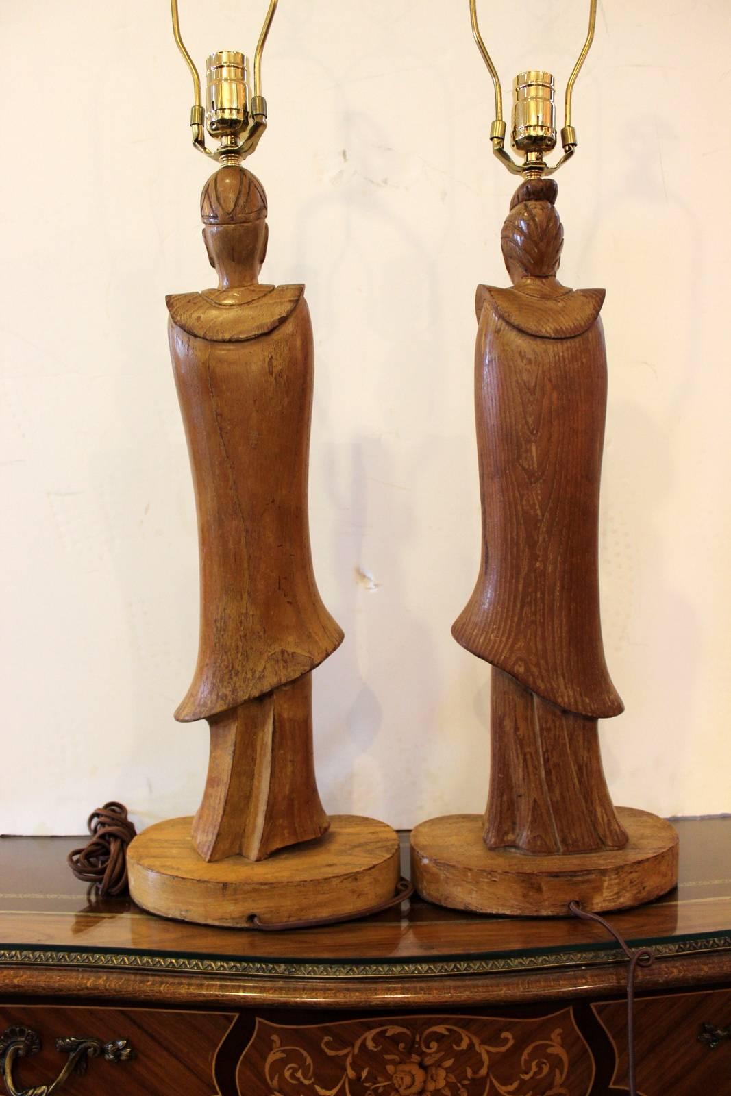 Wood Pair of James Mont Style Oriental Figure Lamps