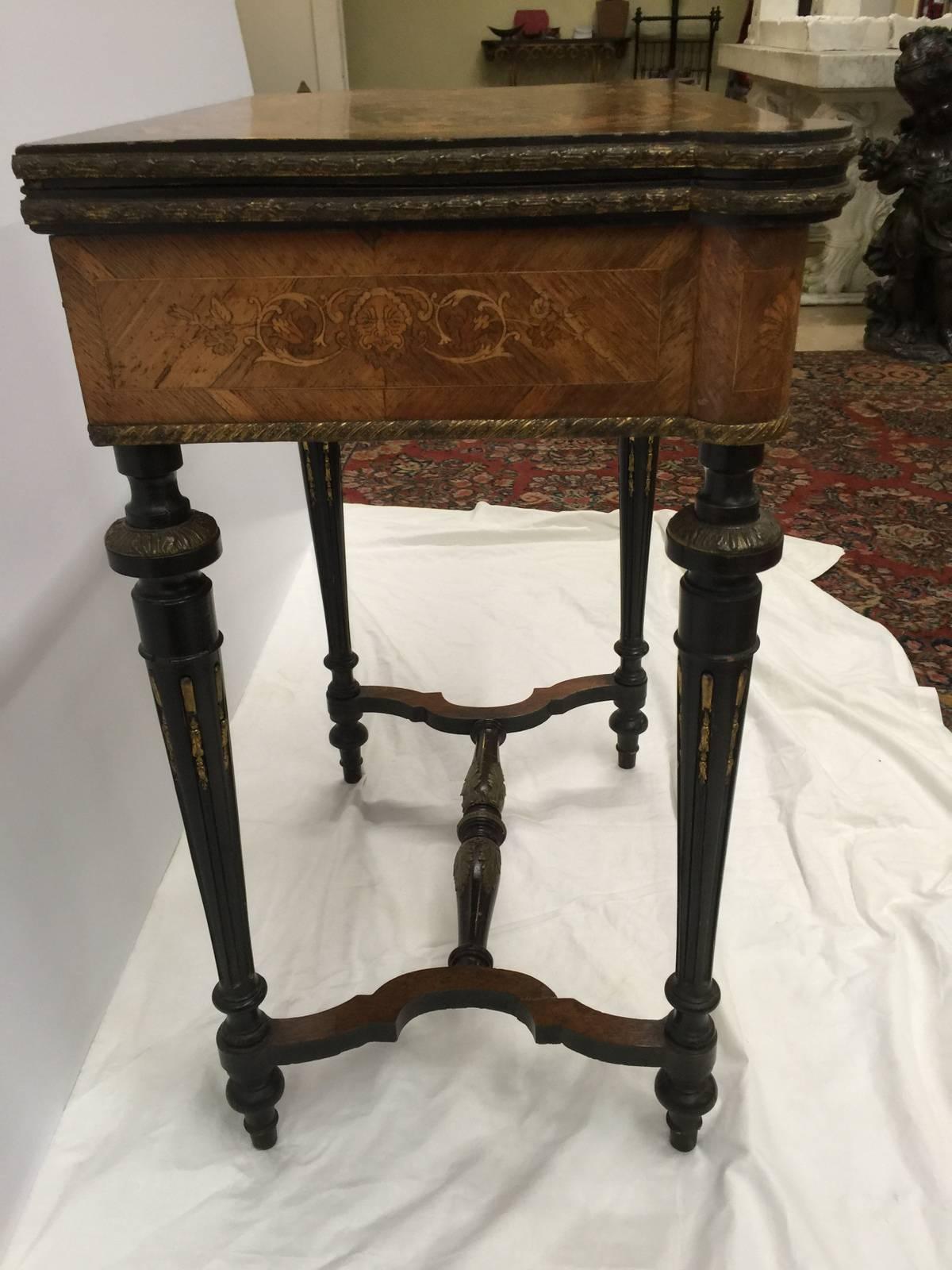 Leather French Inlaid Console Card Table with Ormolu Mounts