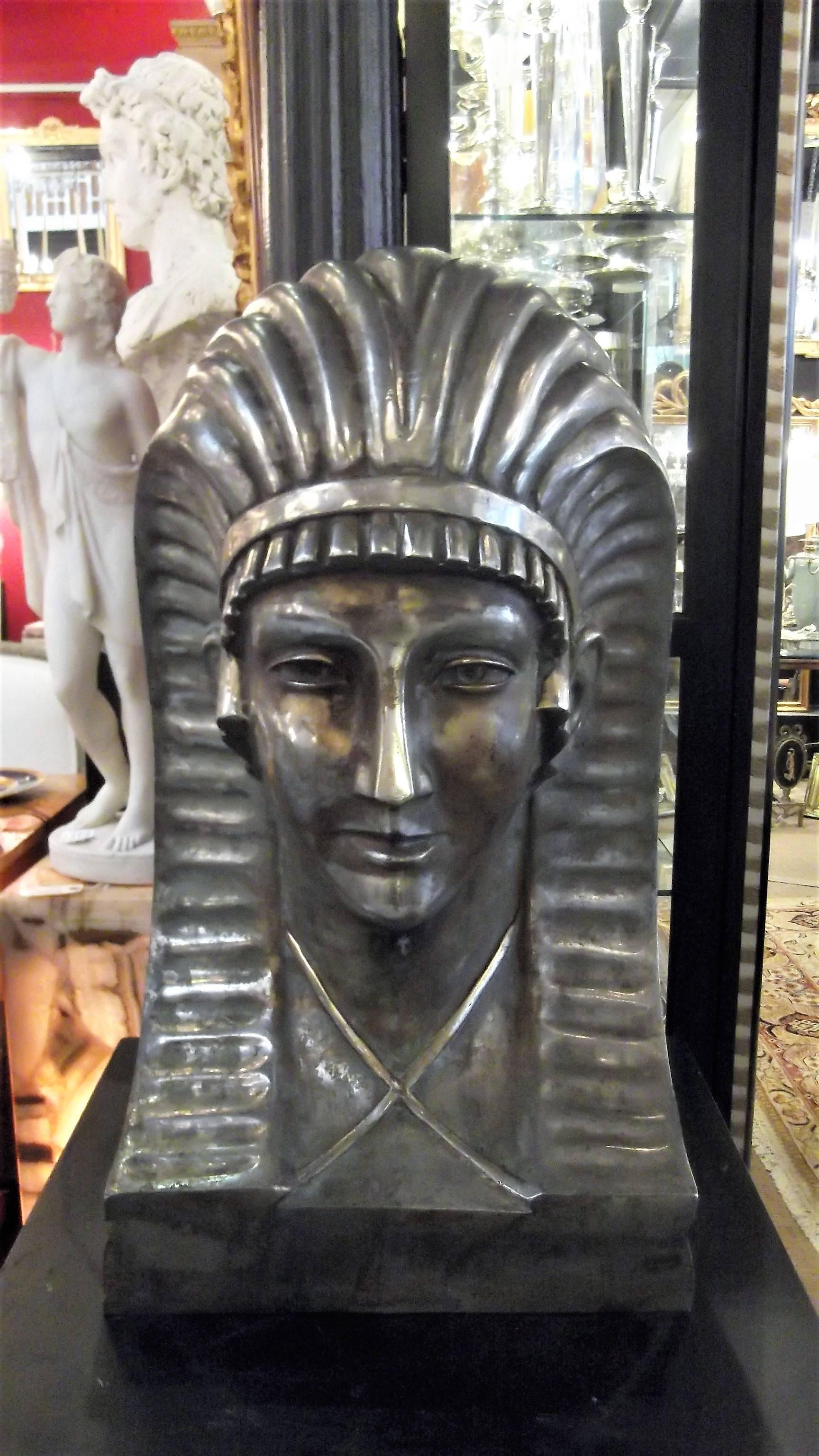 Impressive cast bronze bust in the Egyptian Revival style. The silvered finish is original showing all the signs of expected age with a nice natural pagination.
