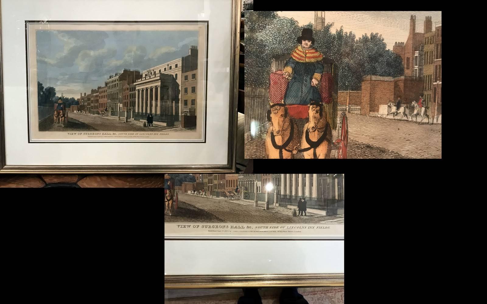 A set of four antique copper engravings of important English buildings. Early 19th original prints from 1814, London, by Whittle and Laurie. The frames are 20th century with triple mats and glass showing some signs or wear, overall good condition.