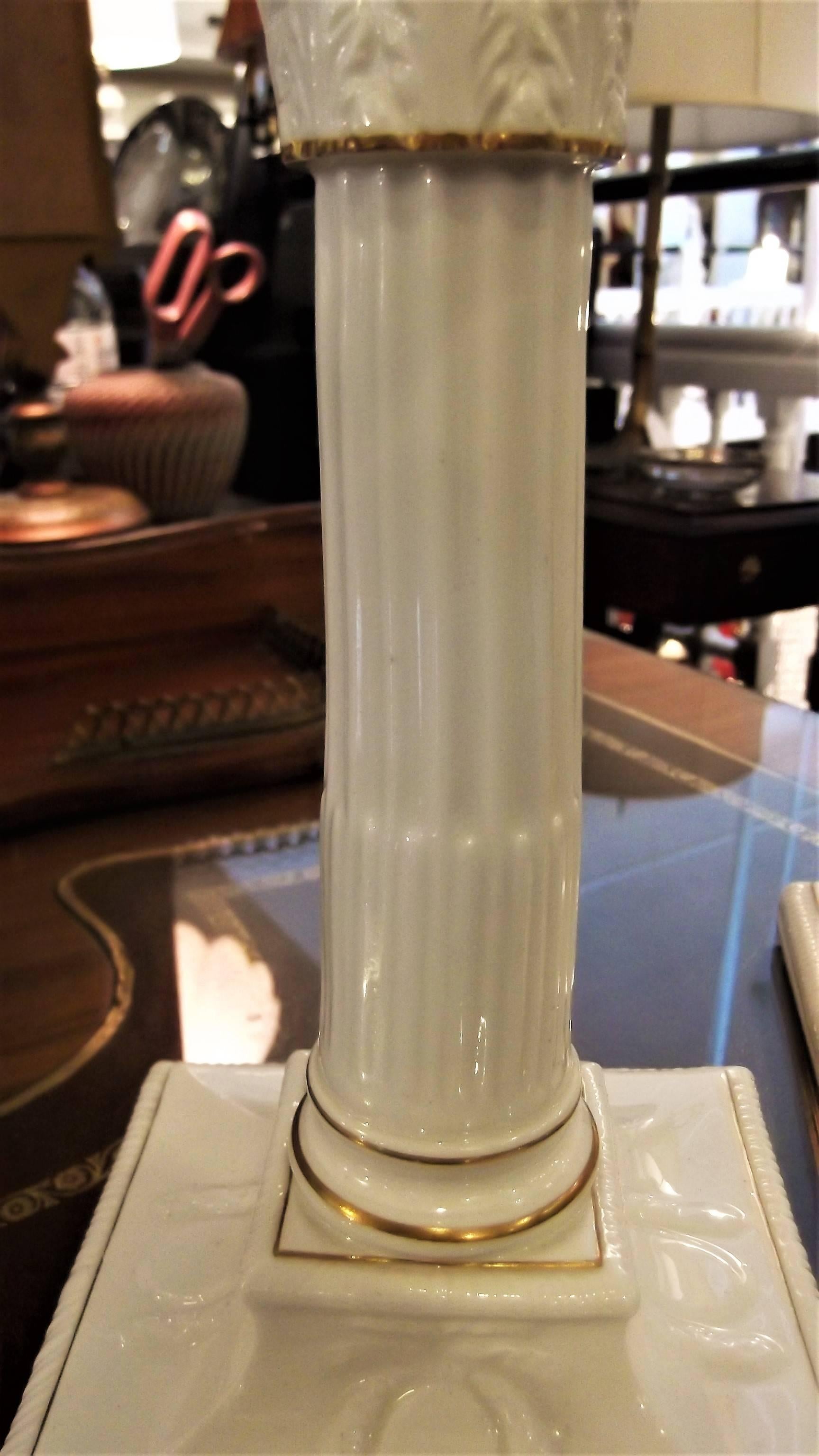 Pair of Antique English Gilt Porcelain Neoclassic Candlesticks In Excellent Condition In Lambertville, NJ