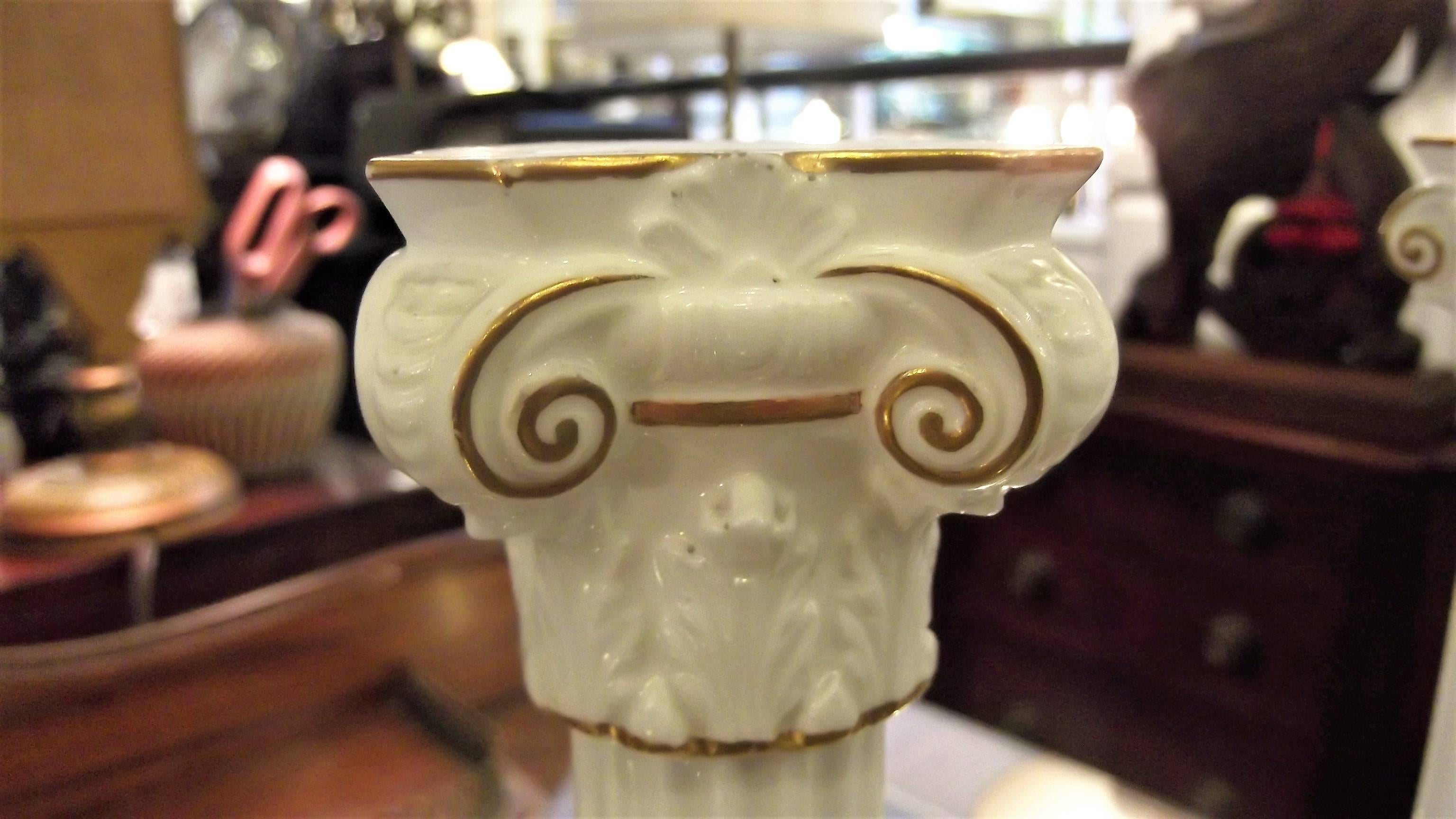 Edwardian Pair of Antique English Gilt Porcelain Neoclassic Candlesticks