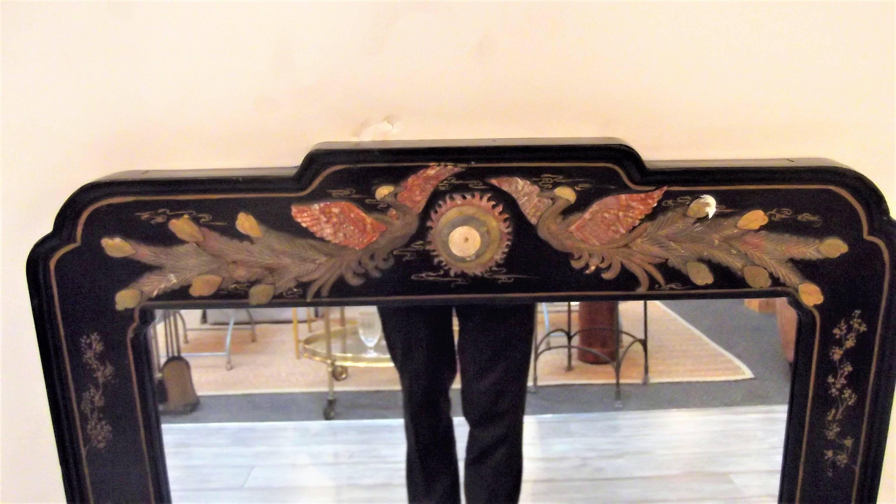 Asian Chinoiserie Lacquered and Inlaid Stone Mirror