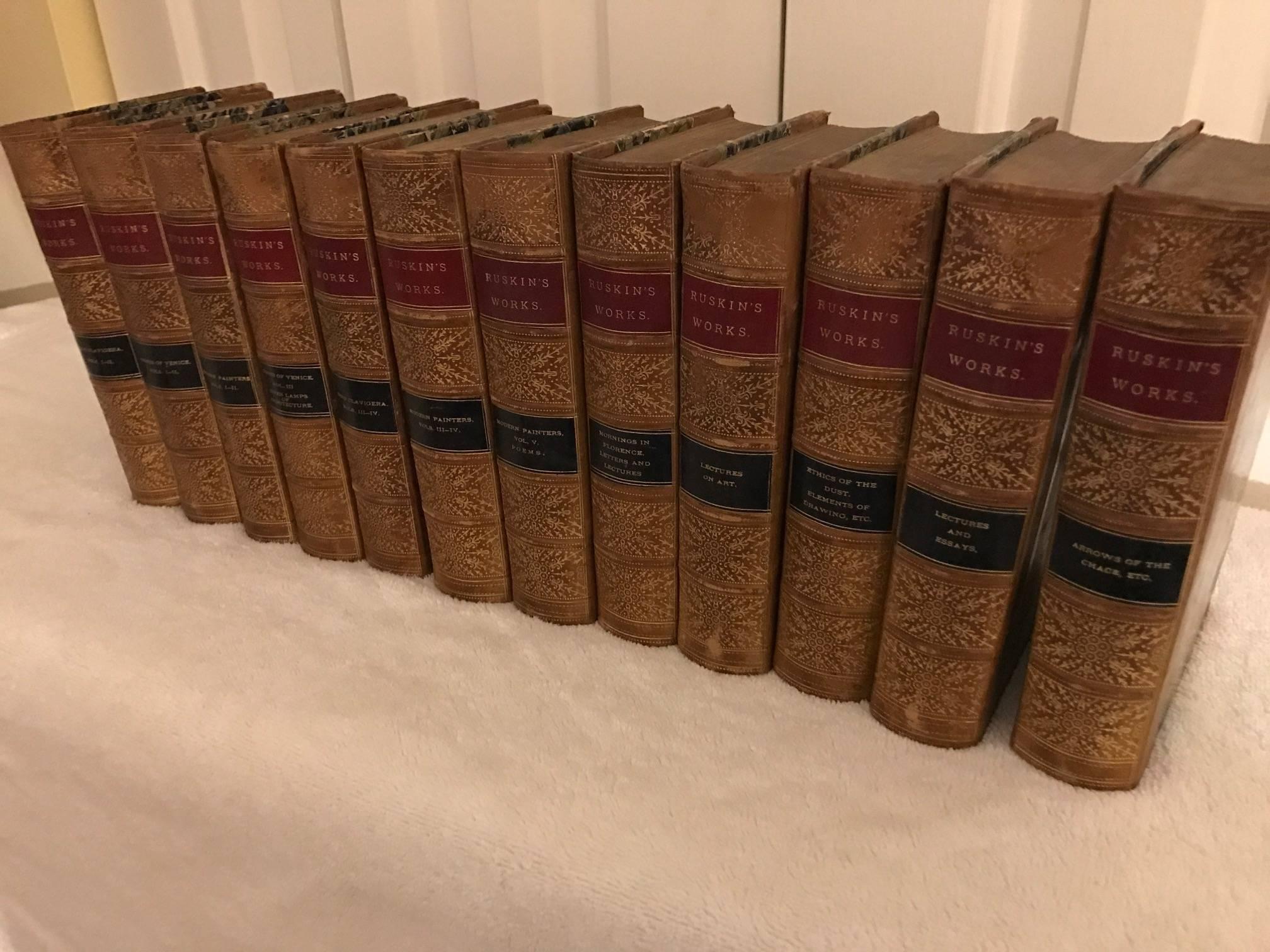 19th Century 12 Volumes Leather Bound Books Ruskin's Works John Ruskin