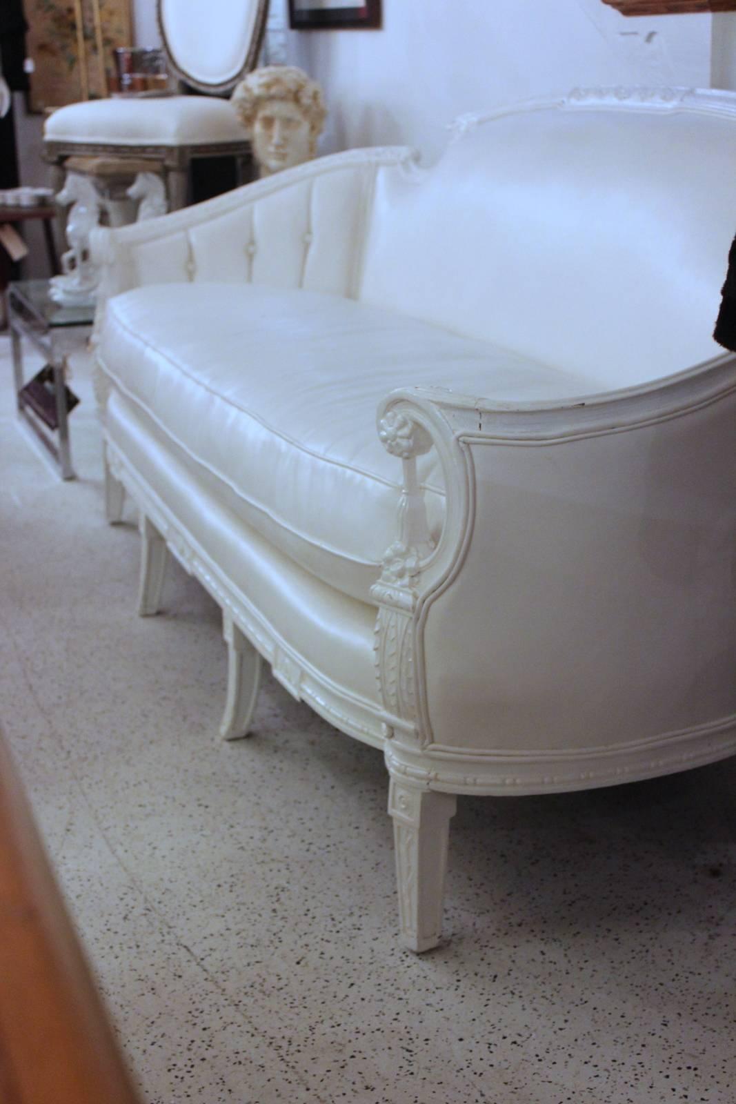 Victorian Carved Walnut Painted Sofa with White Vinyl Upholstrey