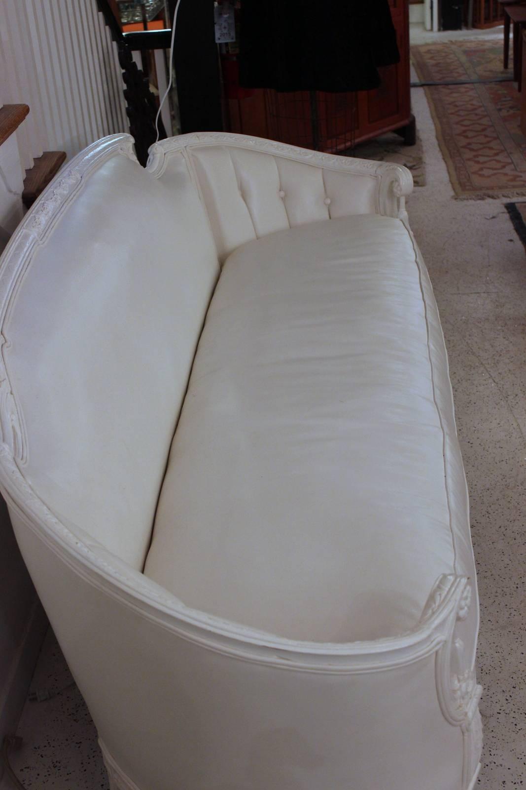 Carved Walnut Painted Sofa with White Vinyl Upholstrey 1
