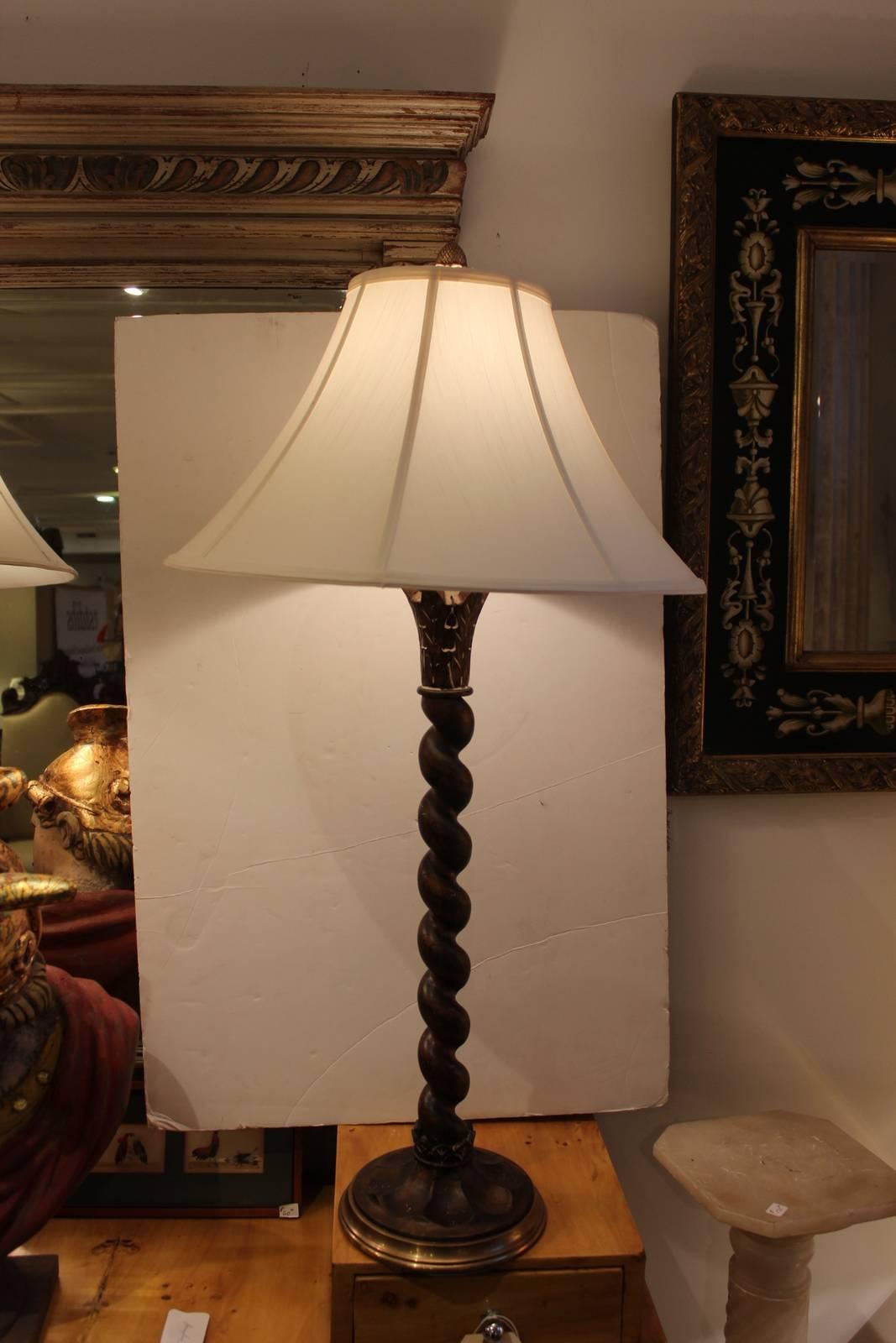 American Pair of Twisted Wood and Brass Chapman Table Lamps