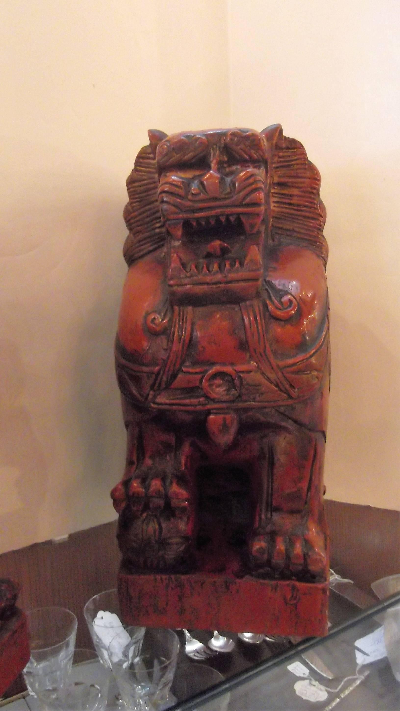 Chinese Pair of Cinnabar Lacquered Carved Wood Foo Dogs
