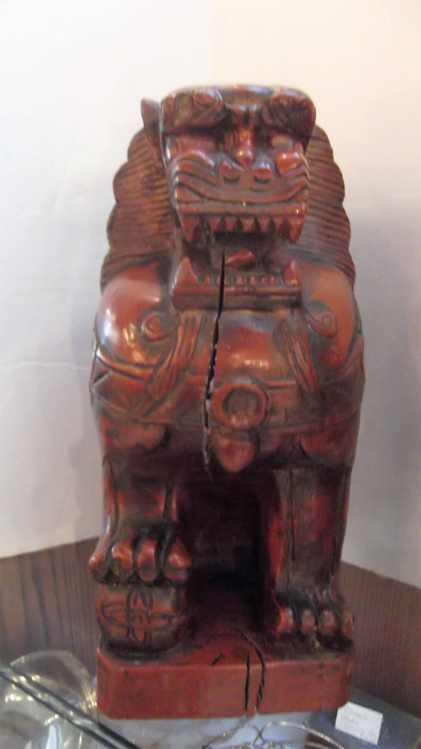 Pair of Cinnabar Lacquered Carved Wood Foo Dogs 3