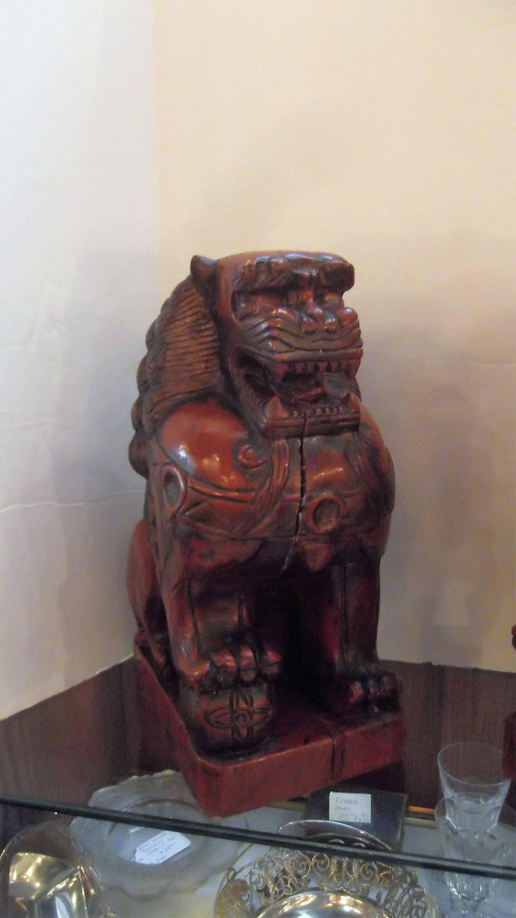 20th Century Pair of Cinnabar Lacquered Carved Wood Foo Dogs