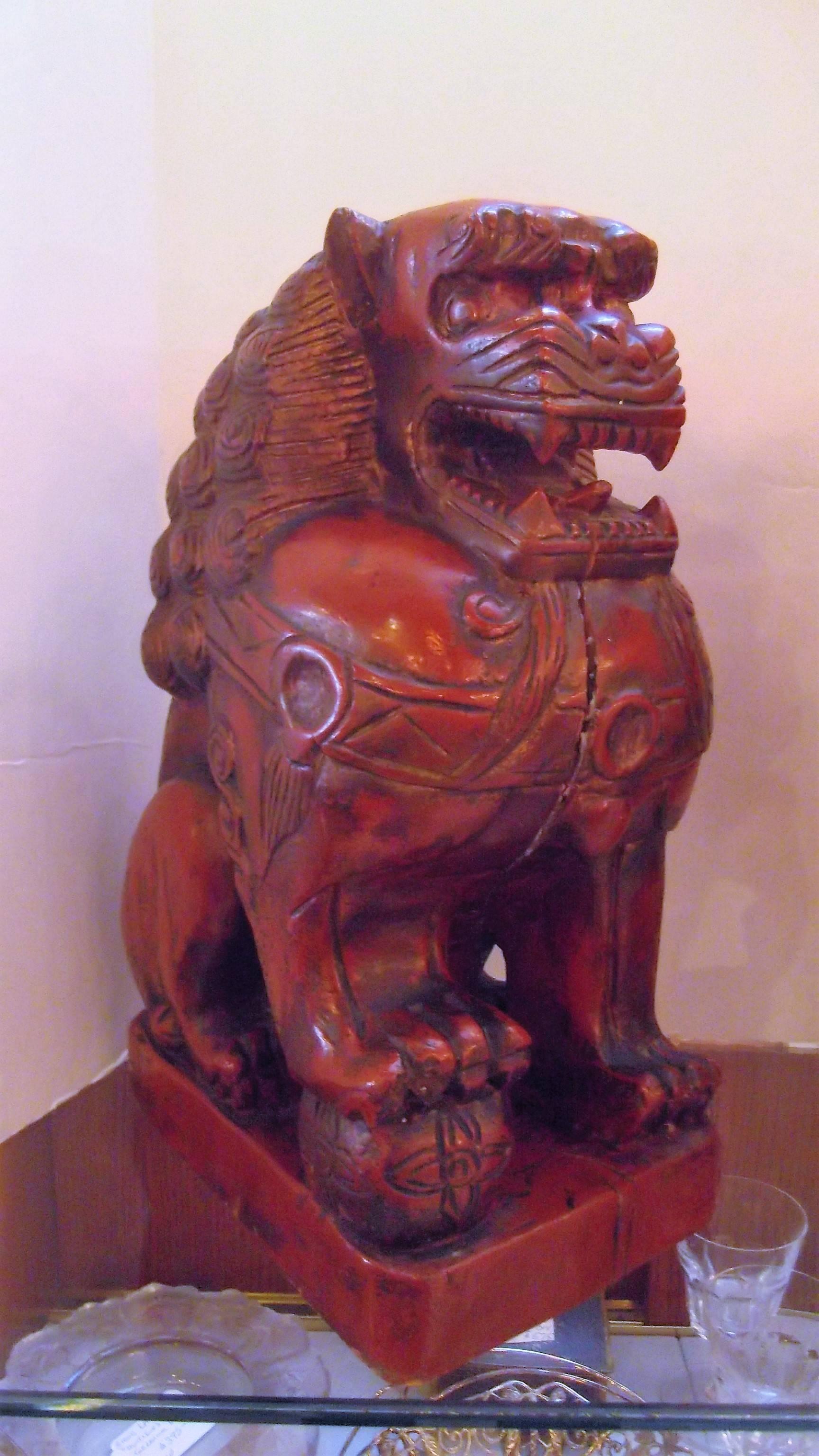 Pair of Cinnabar Lacquered Carved Wood Foo Dogs 2