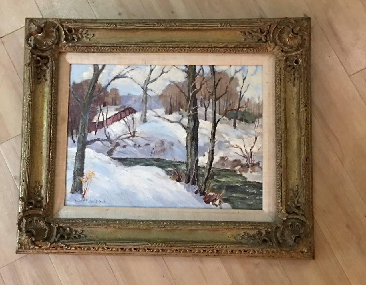 Henry Bultitude, American impressionist landscape oil painting, exuberantly carved molded frame, circa 1935. Image of winter screen in Vermont with snow, creek, barn, trees. Bultitrude from NYC is a listed artist in Davenports 2004 reference and