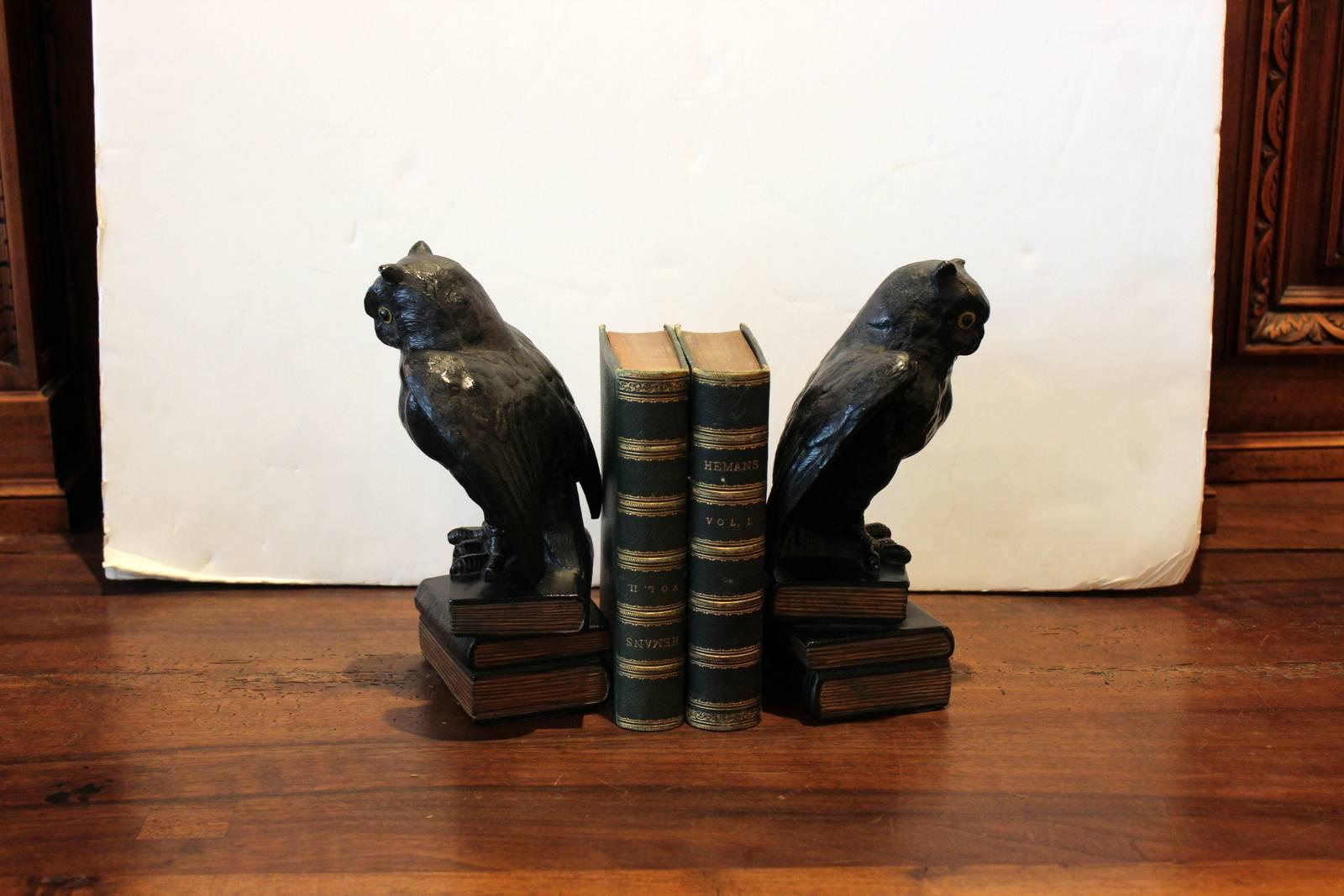 Pair of Bronze Finish Owl Bookends with Glass Eyes, circa 1920 1