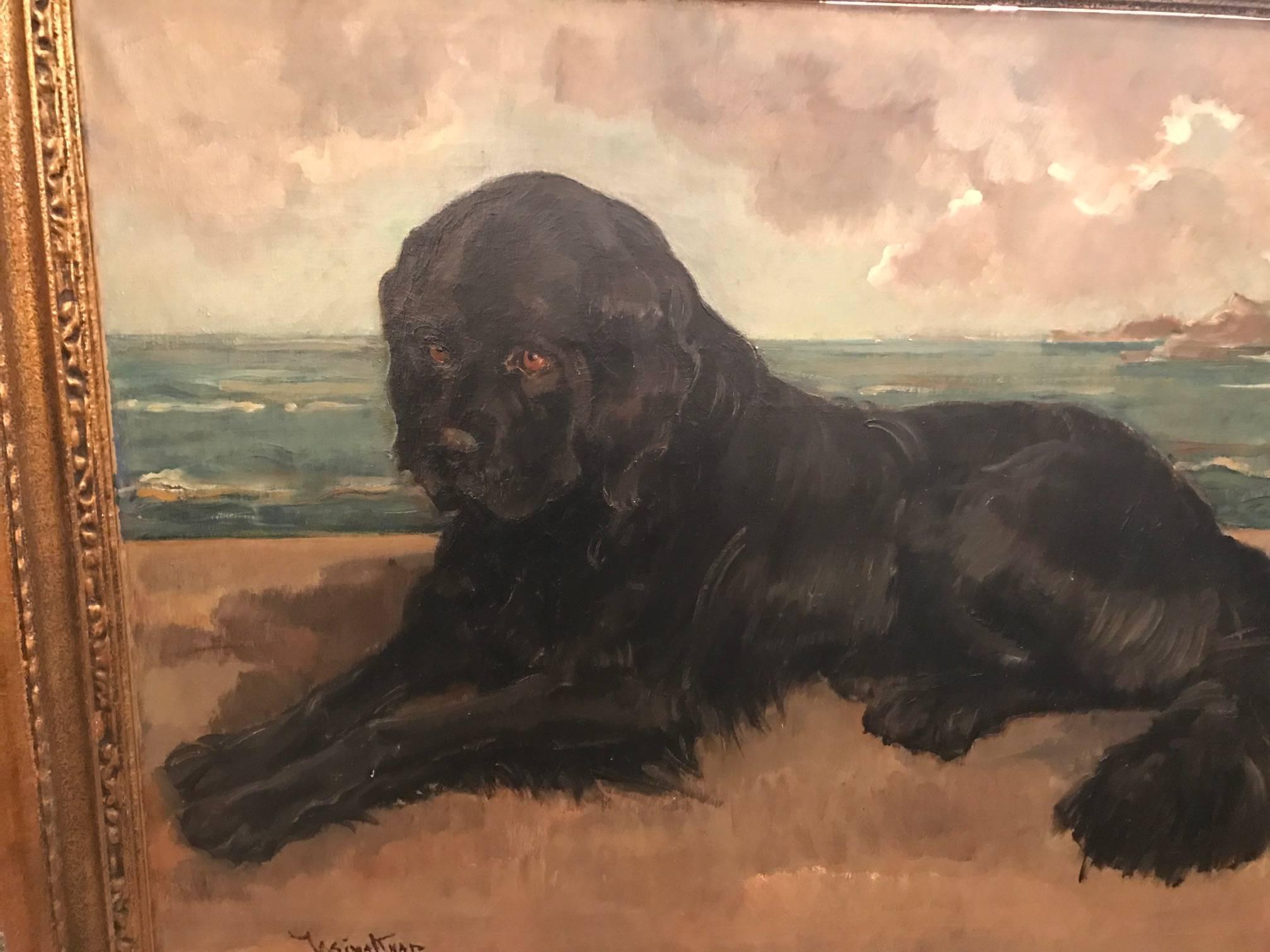 Beautiful oil on canvas painted in the 19th century by T. Knap. The paintings a Newfoundland dog reclining with a beach background. The painting is in original condition with no rips or tears. The giltwood frame is original.
Unframed measurement 36