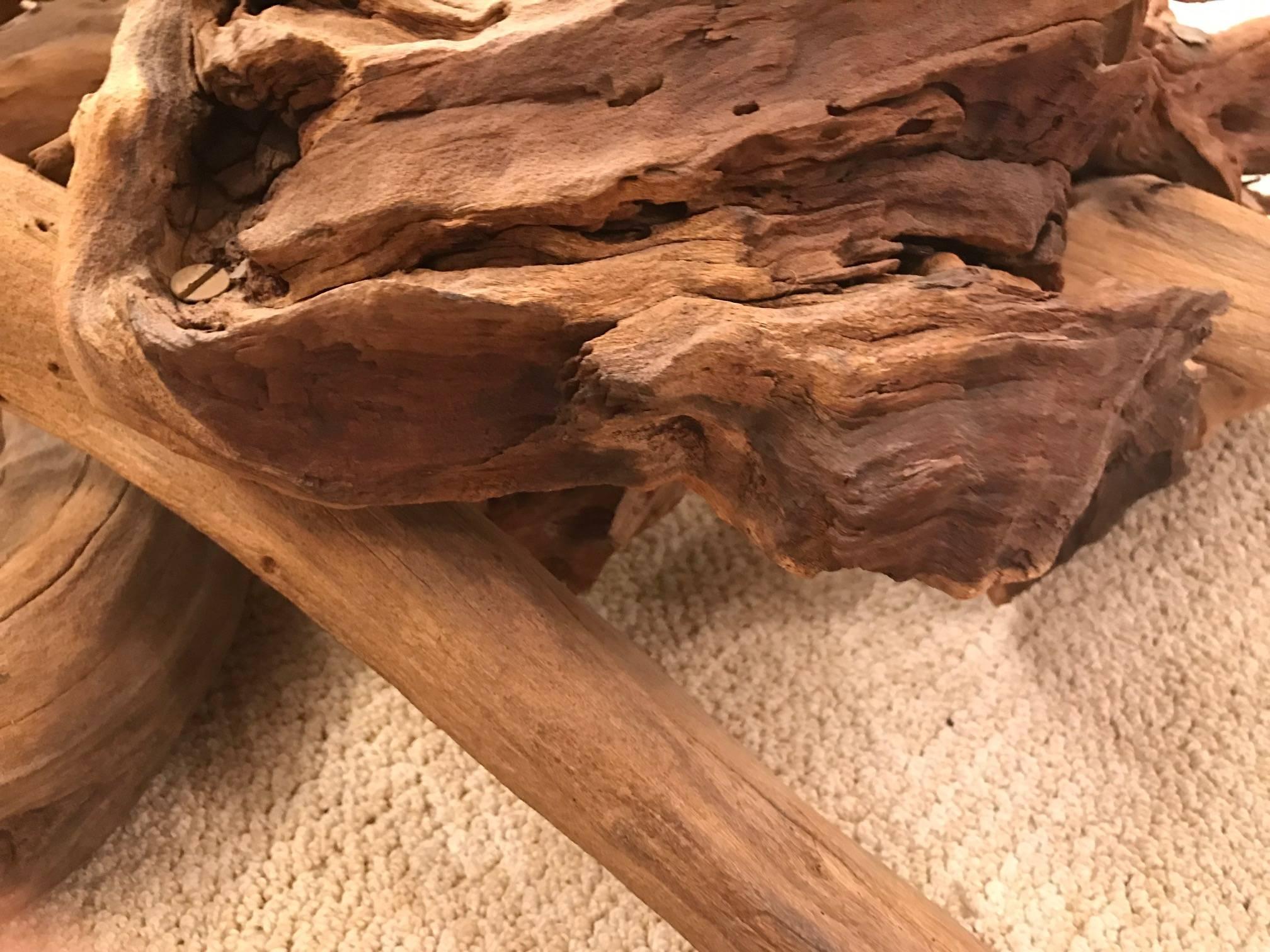 Mid-Century Modern Round Driftwood Coffee Table with Glass Top