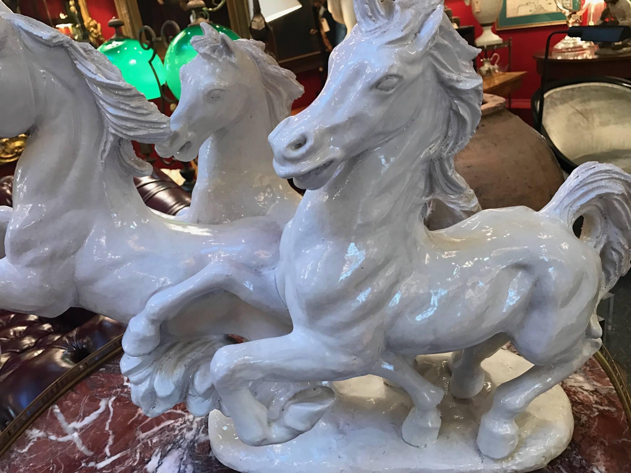 Large Italian Blanc de Chine Sculpture of Running Stallions In Excellent Condition In Lambertville, NJ