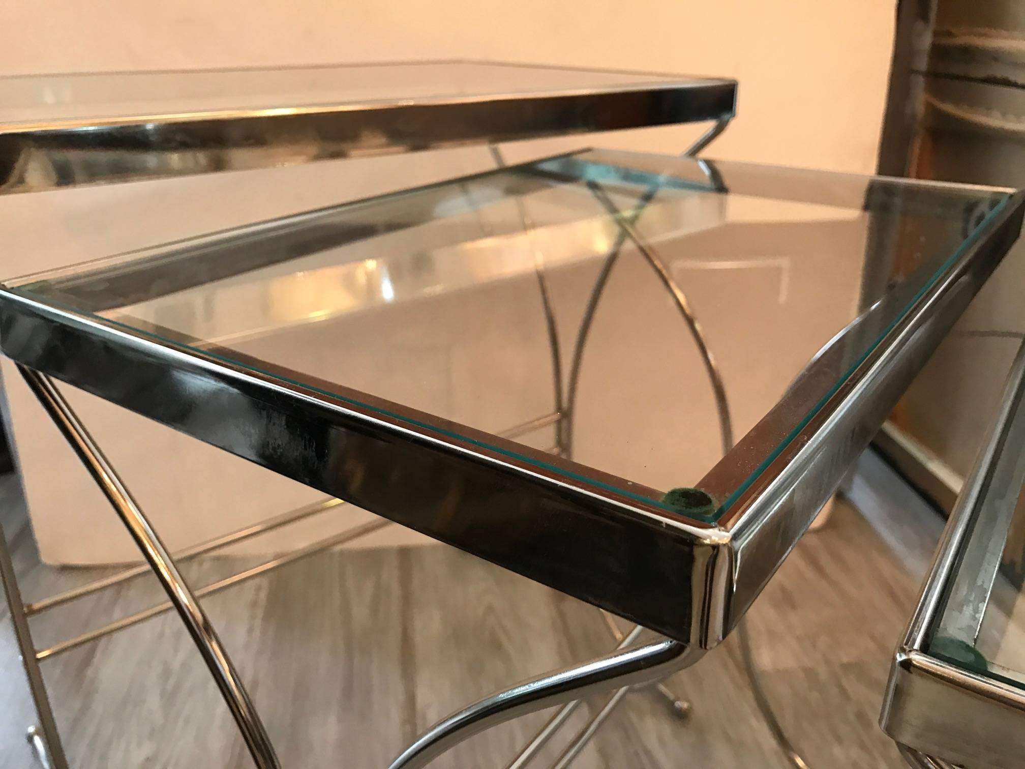 20th Century Set of Three Chrome and Glass Nesting Tables