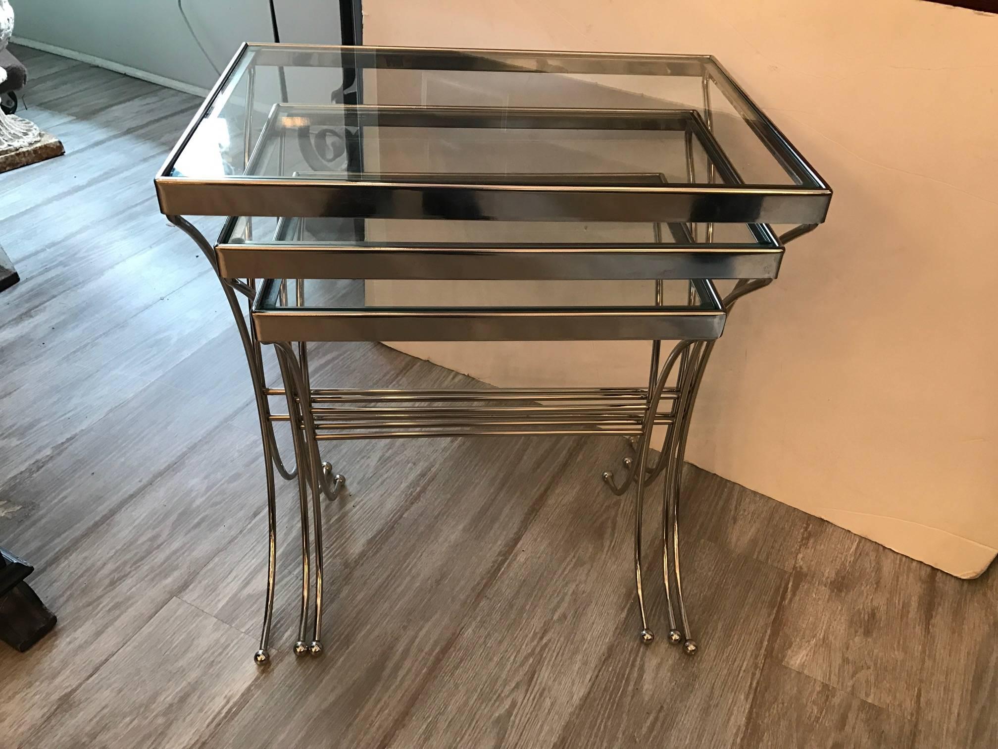 American Set of Three Chrome and Glass Nesting Tables