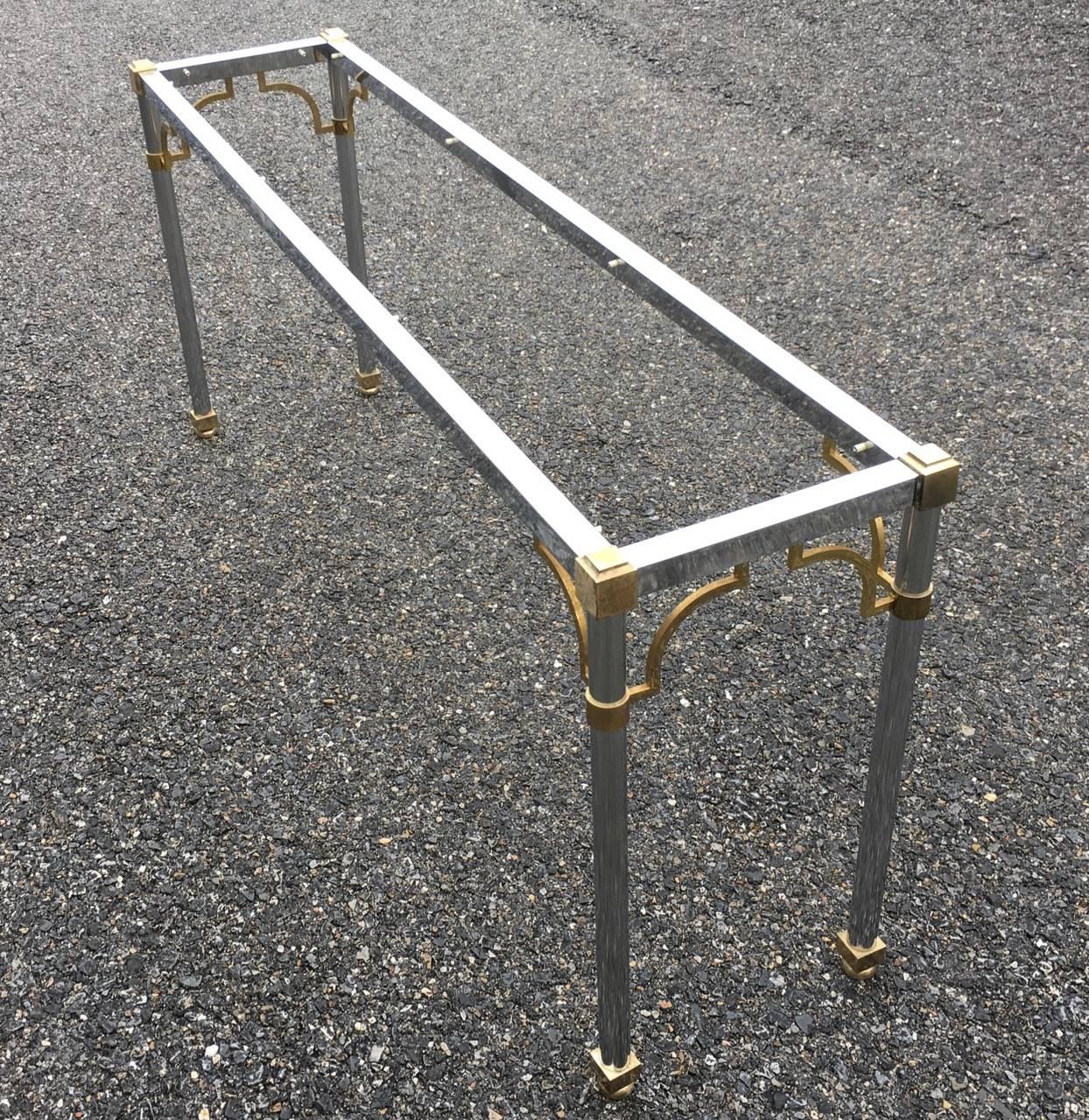 20th Century Mid-Century Modern Chrome Console Table with Brass Trim and Beveled Glass Top