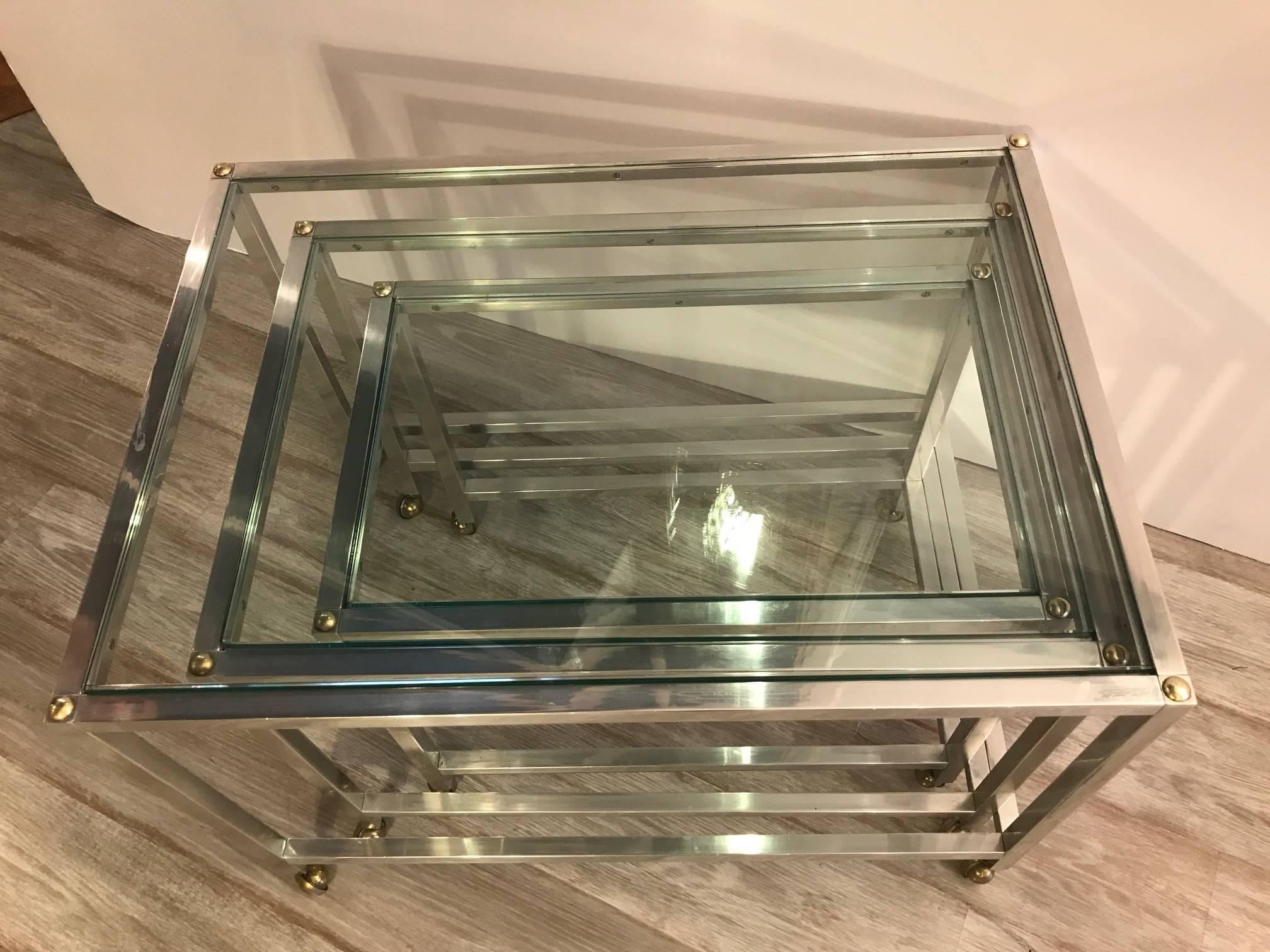 20th Century Set of Three Polished Aluminium and Glass Nesting Tables