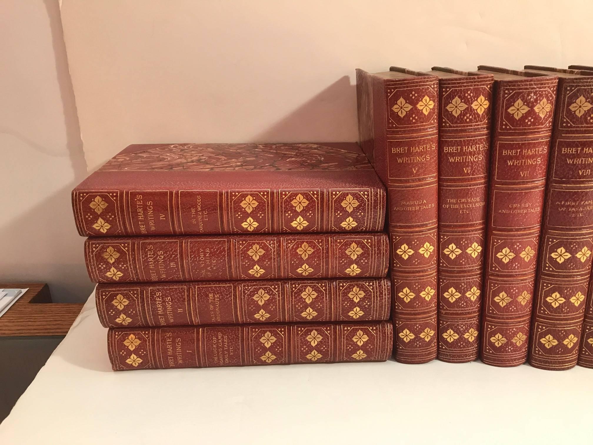 The full set of Bret Harte's writings, 19 volumes complete, superb firm clean volumes. Red leather and marbleized paper, top page ends gold gilt. Typeface is clear and readable. Paper is free of any age-spotting or other defects.

Francis Bret