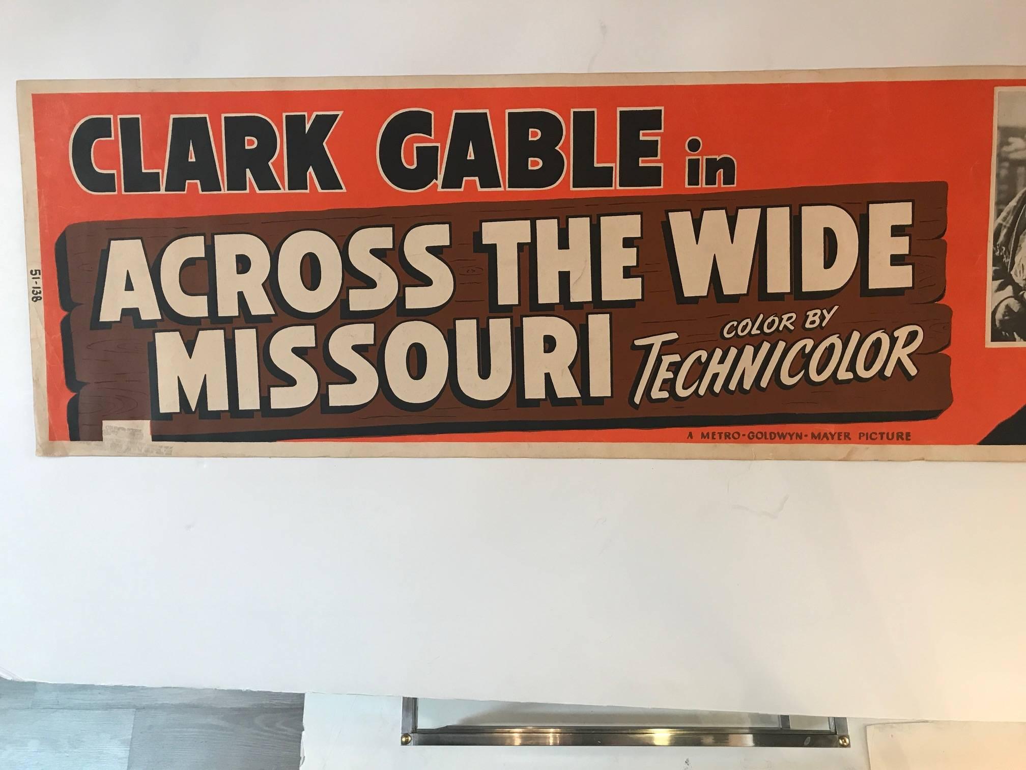 The movie poster titled Across The Wide Missouri. A rare example in the extremely rare marque layout. Very good to excellent condition, minor wear to bottom, never taped or rolled or folded, always stored in a flat position. Stamped with the Loews