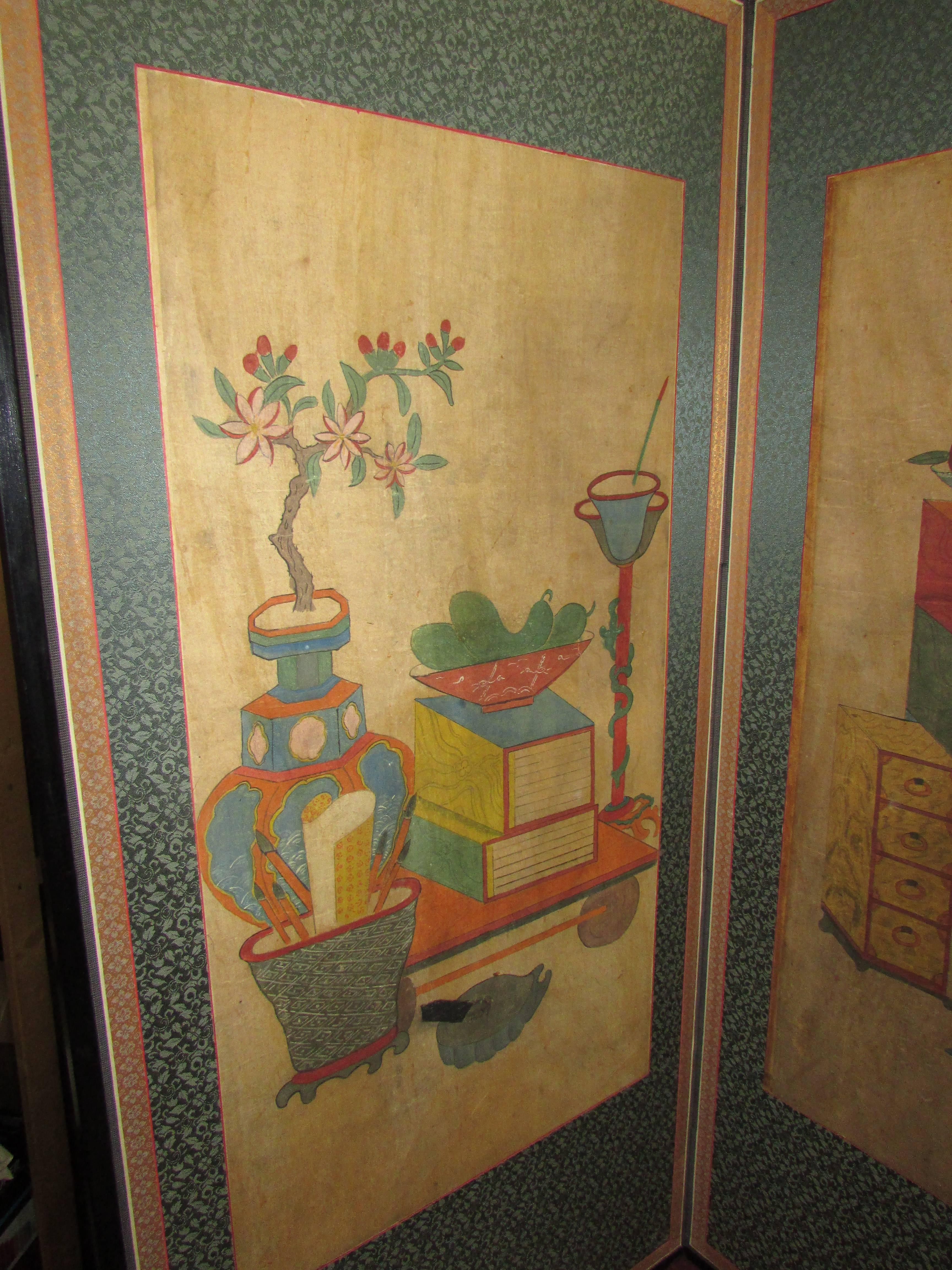 19th Century Antique Korean Four-Panel Folding Painted Screen