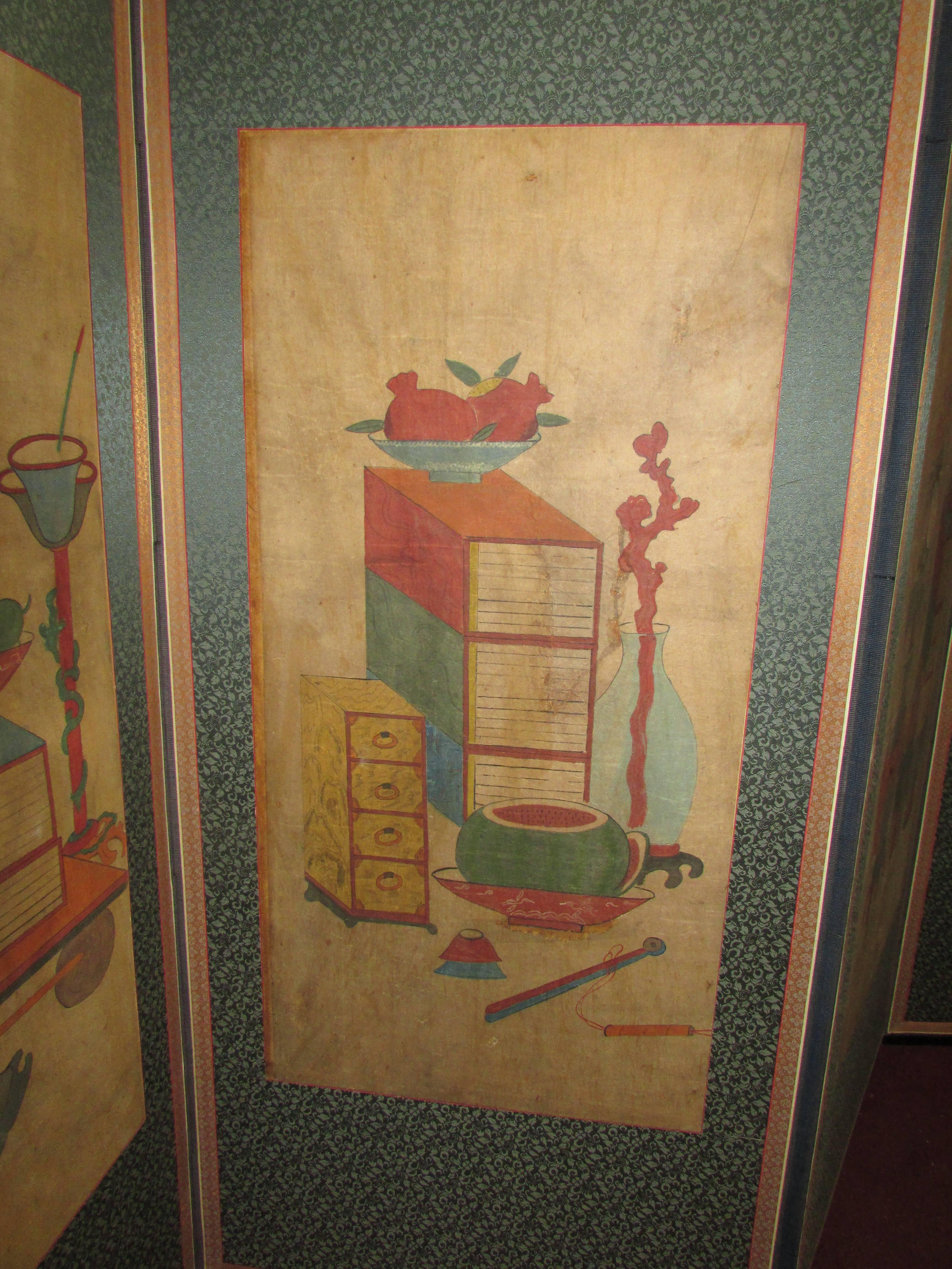 Antique Korean Four-Panel Folding Painted Screen 2