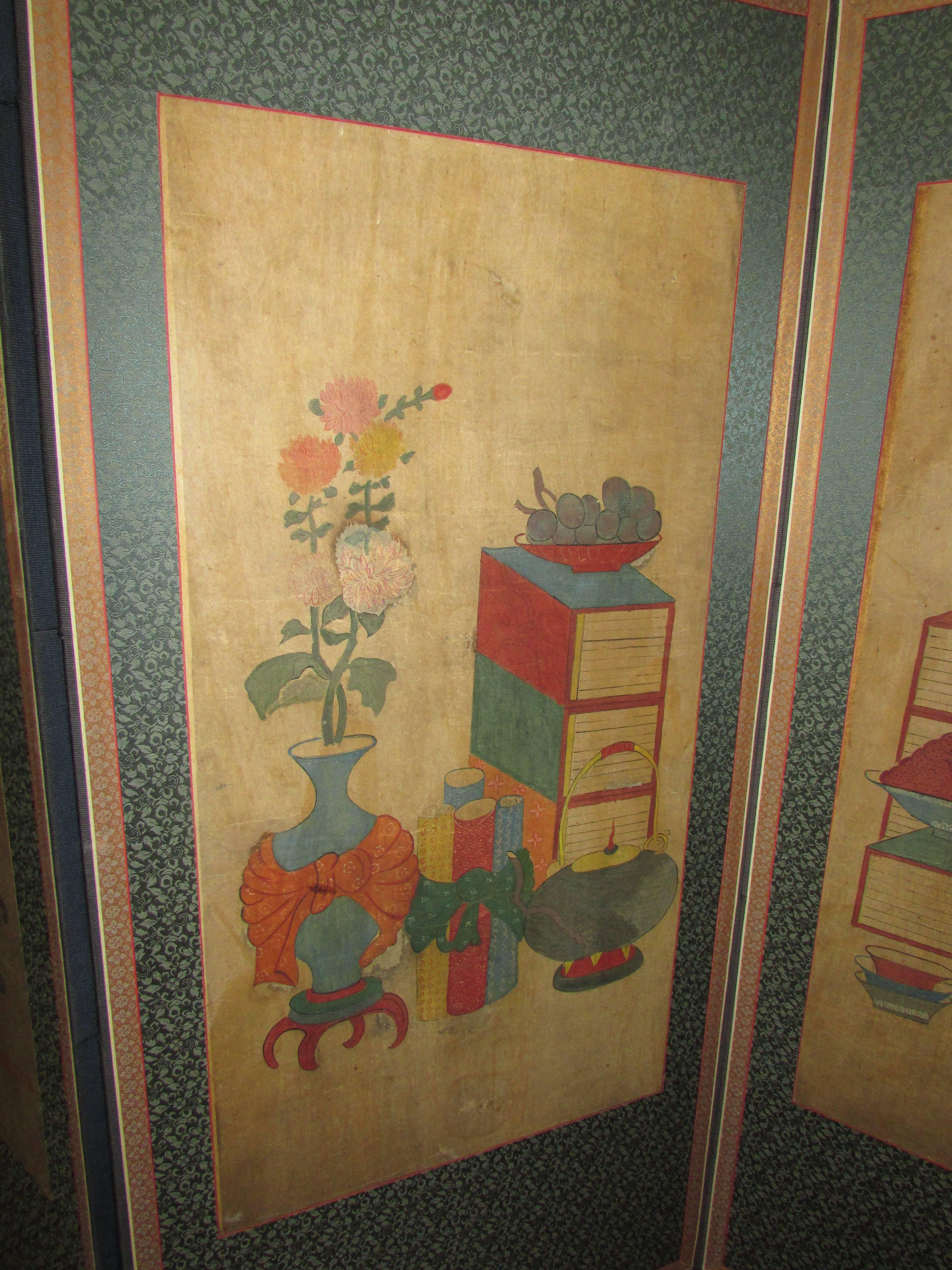 Antique Korean Four-Panel Folding Painted Screen 3