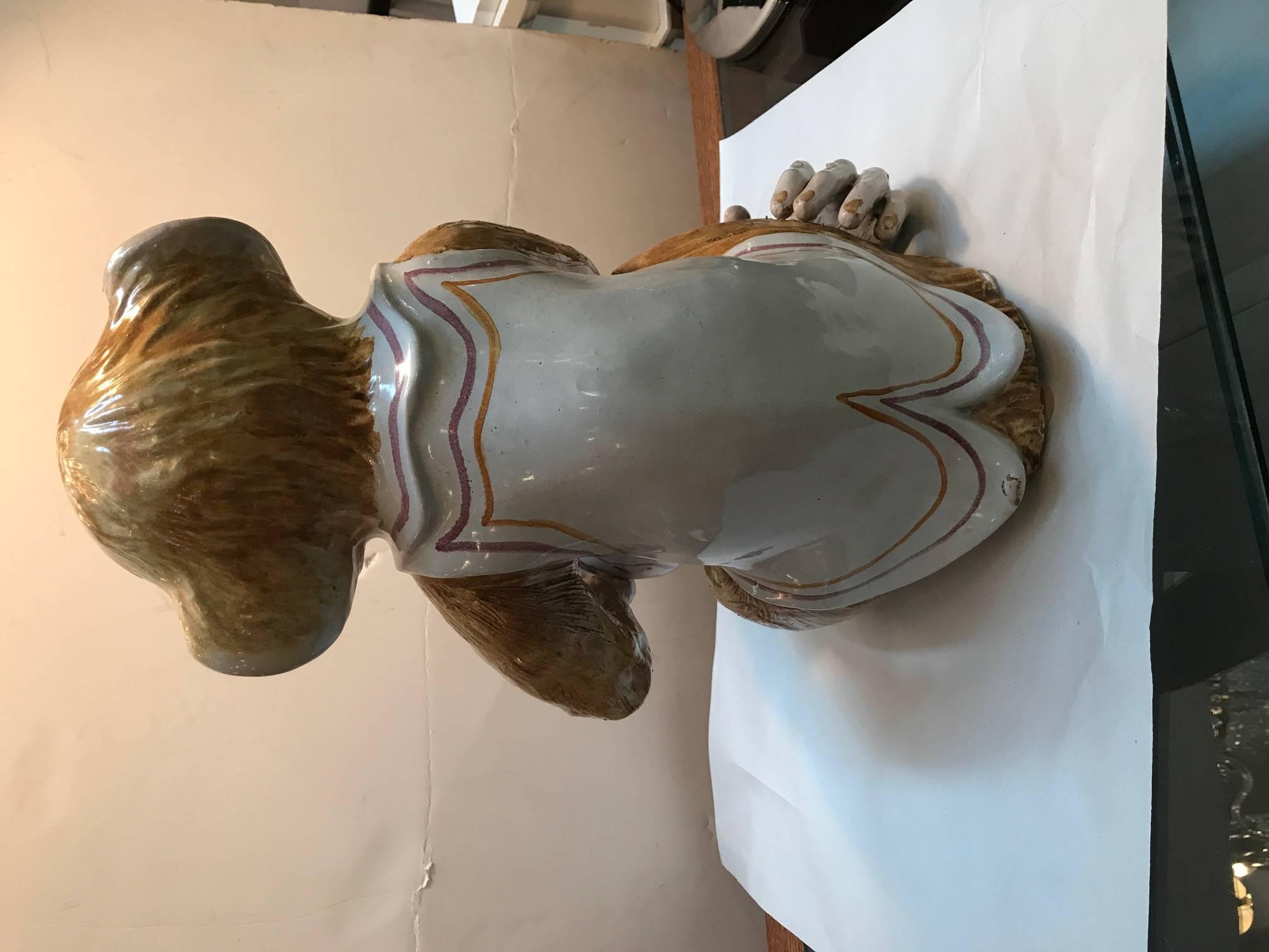 Italian Faience Pottery Sculpture of a Monkey Musician In Excellent Condition In Lambertville, NJ