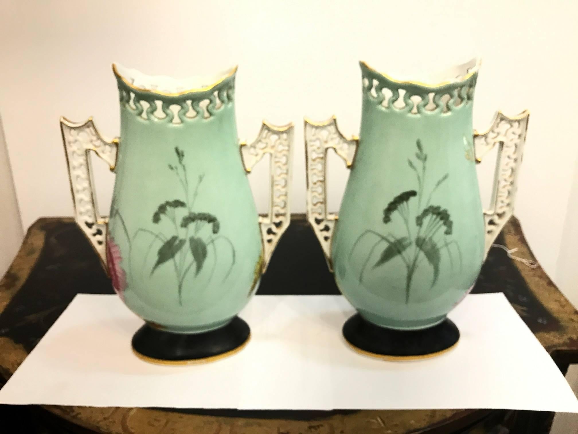 Aesthetic Movement Pair of 19th Century French Porcelain Hand-Painted Vases