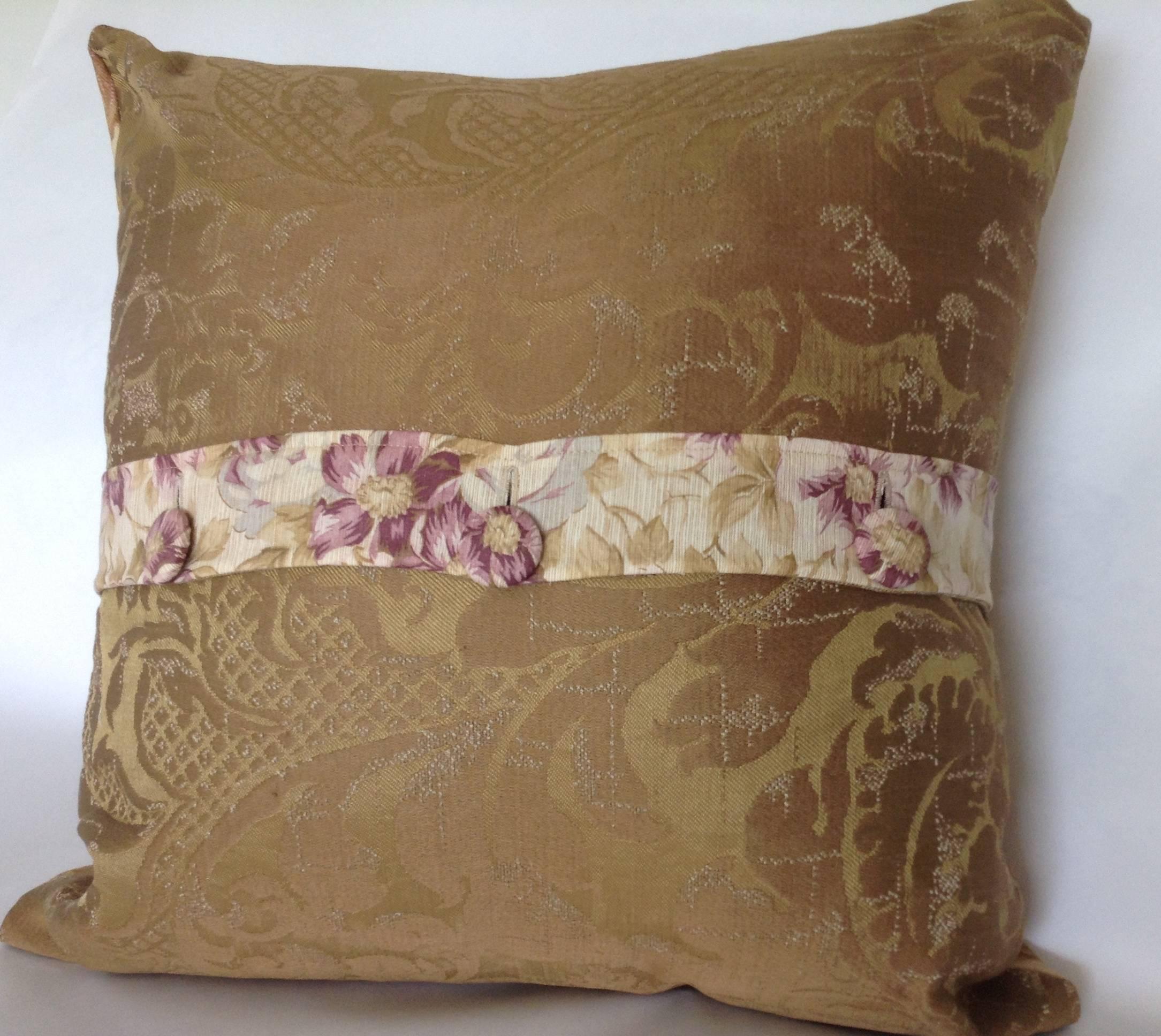 This lovely pillow features:
The front: Antique printed cotton that was manufactured to to look like a woven textile dating from circa 1880-1890. You may notice some very slight variations in background color from age and light, part of its antique