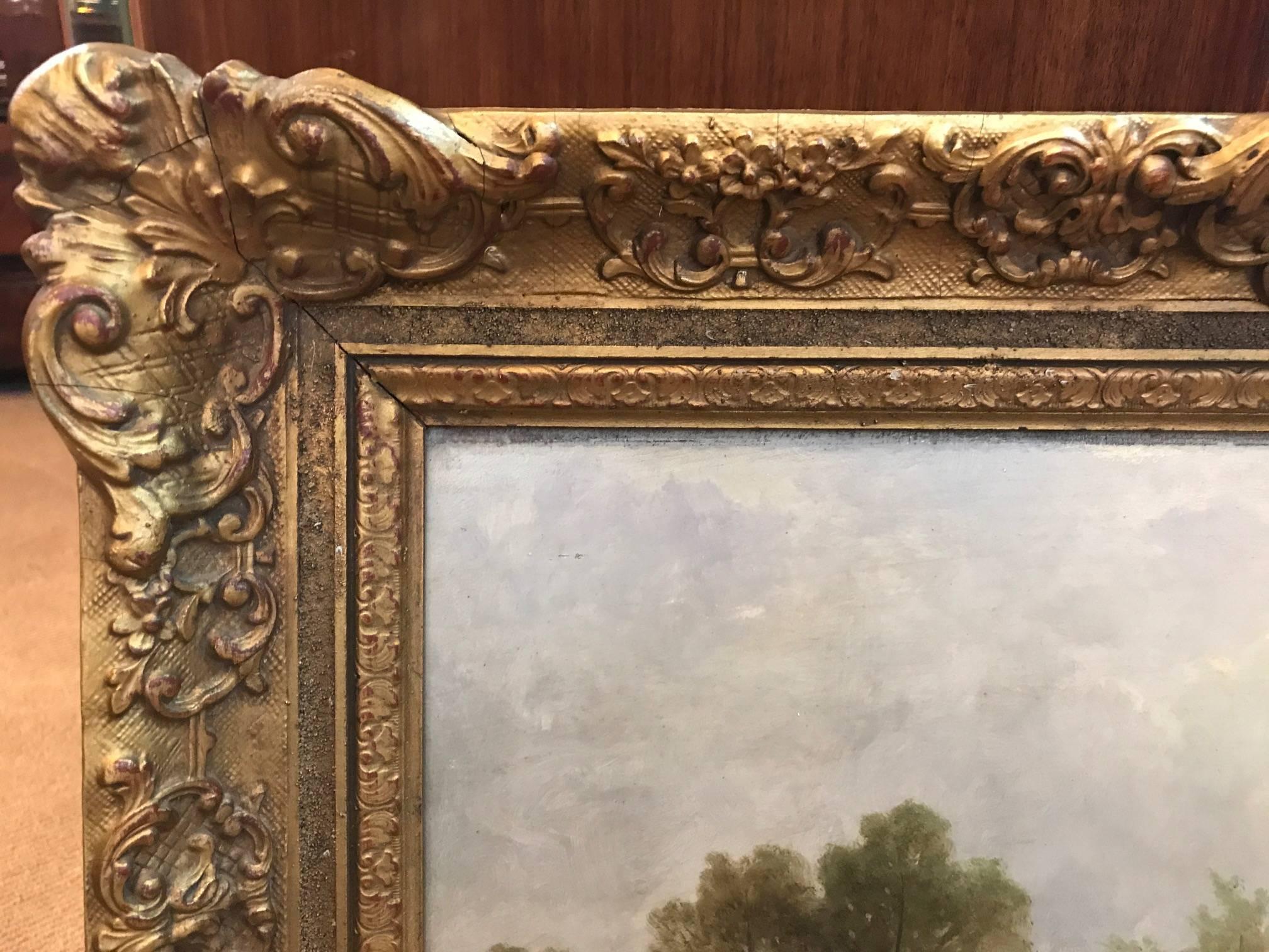 Hand-Painted Antique Landscape Oil Painting on Board in Giltwood Frame, Signed by the Artist