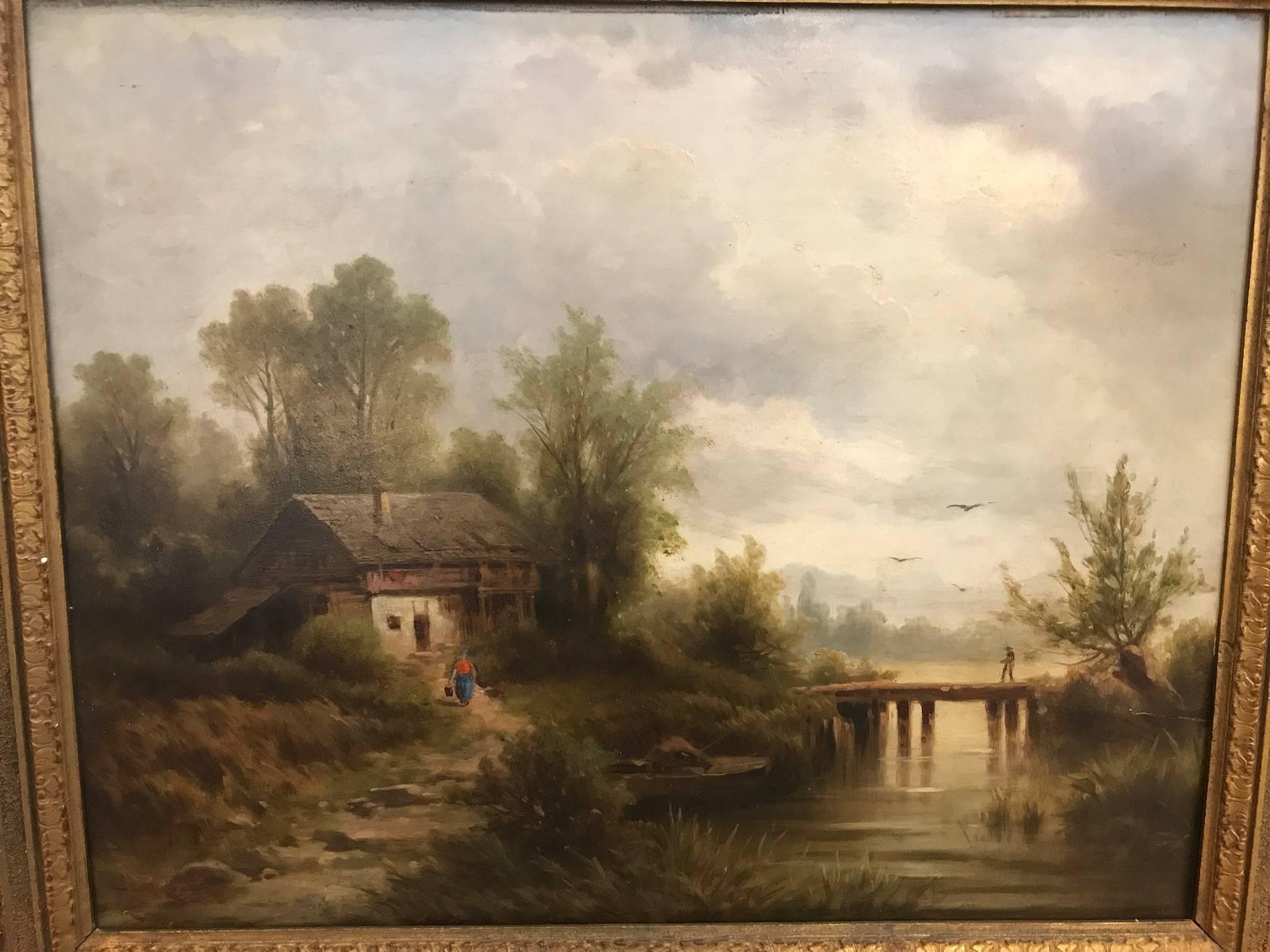 Oil painting on board of a bucolic scene in original giltwood frame. Artist signed A. Pickert, Germany (1876-1941) Anton Pickert was know for his calming landscape bucolic scenes and is a listed European artist.  
Unframed 20.5 by 16.5.