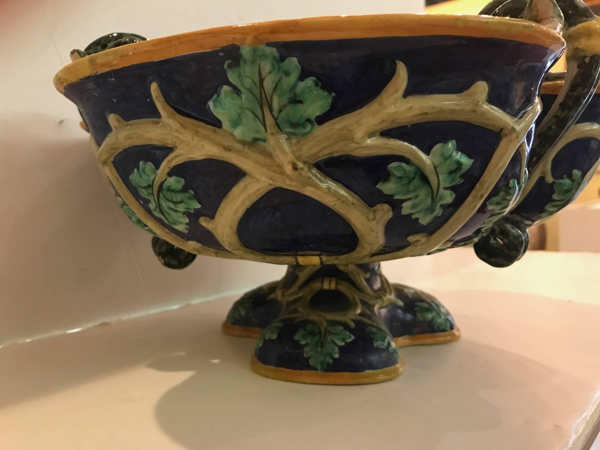 Hand-Painted Italian Faience Snake Handled Bowl