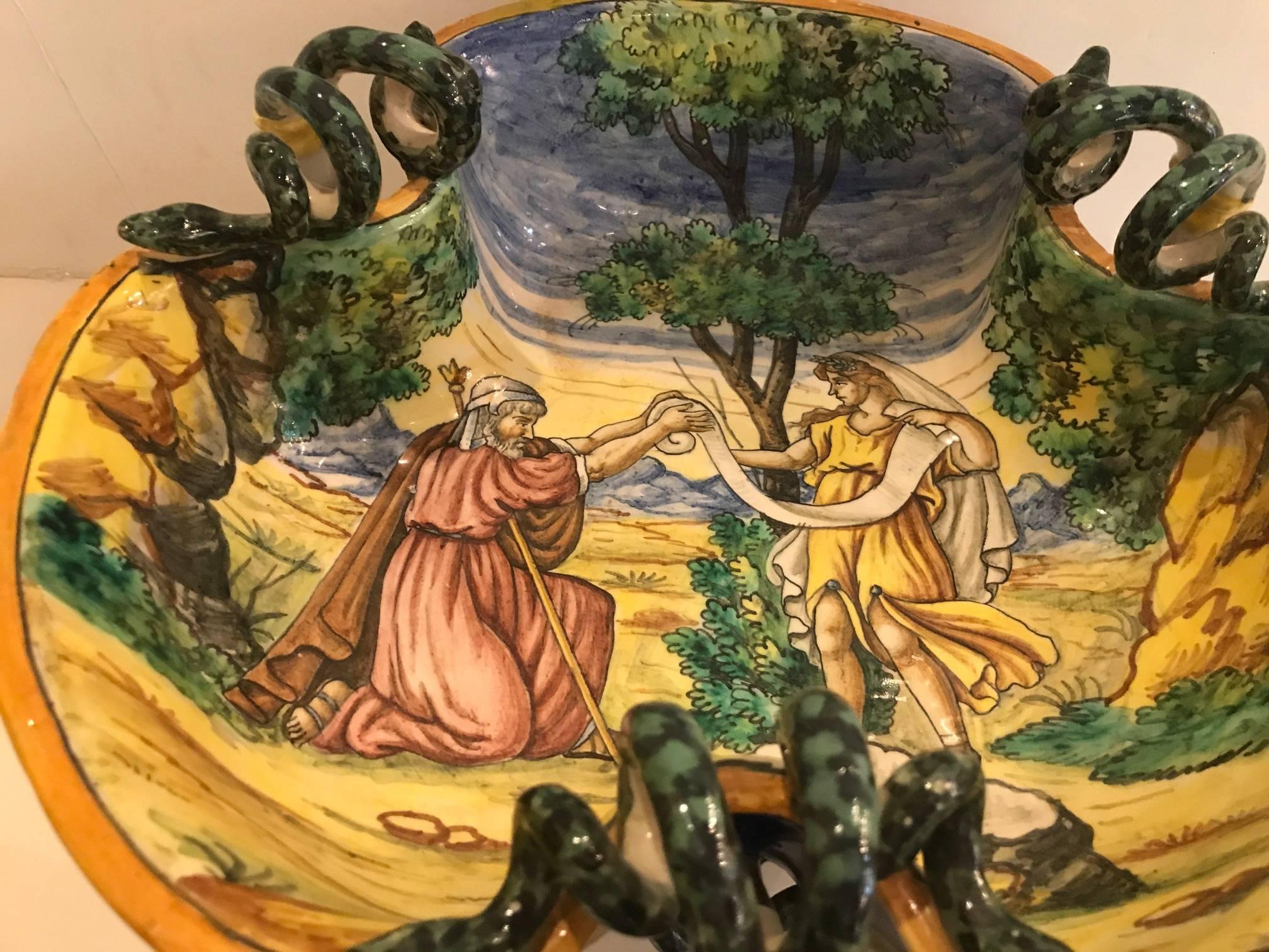 Italian Faience Snake Handled Bowl In Excellent Condition In Lambertville, NJ