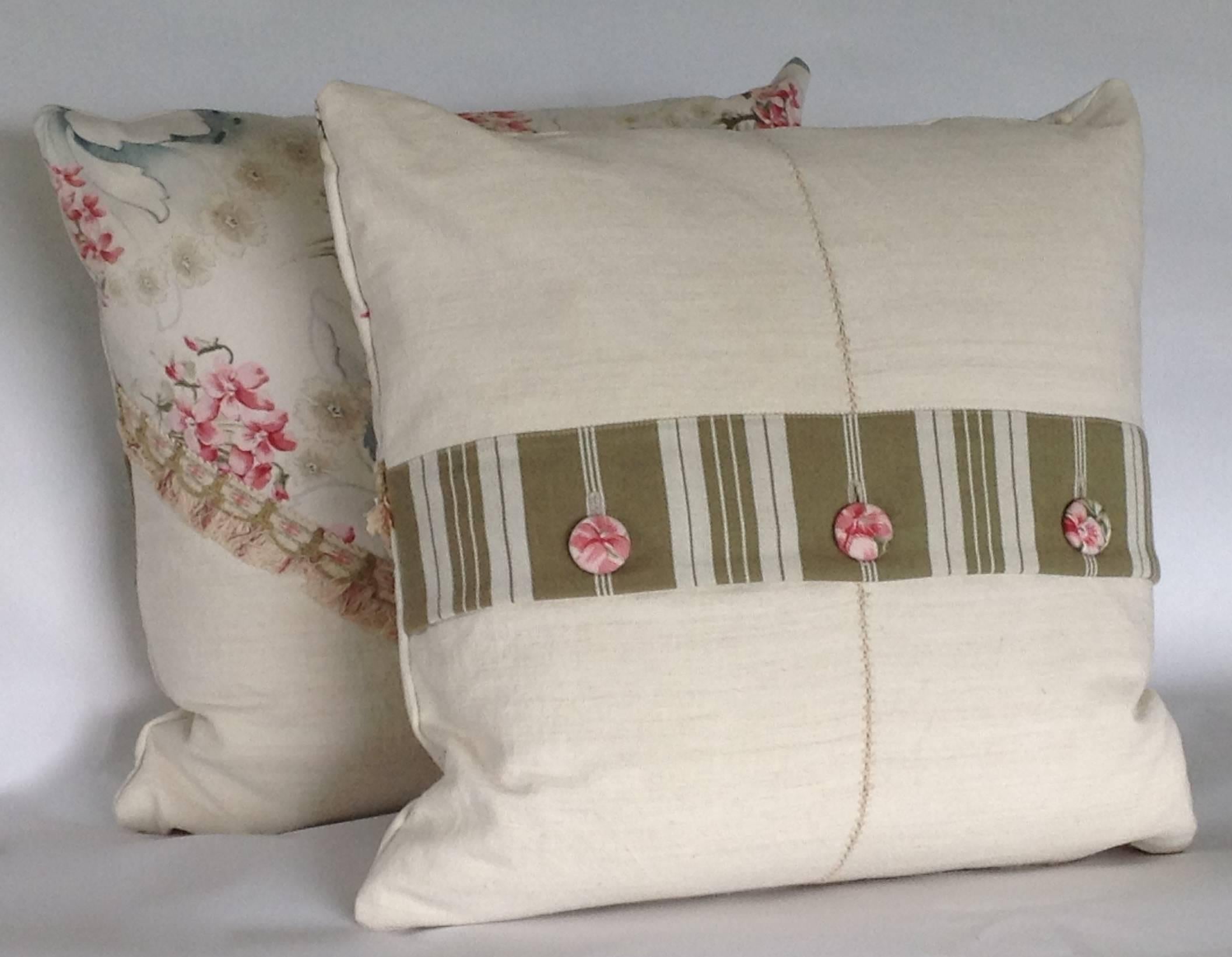 Pair of French Printed Cotton and Homespun Linen Pillows 1