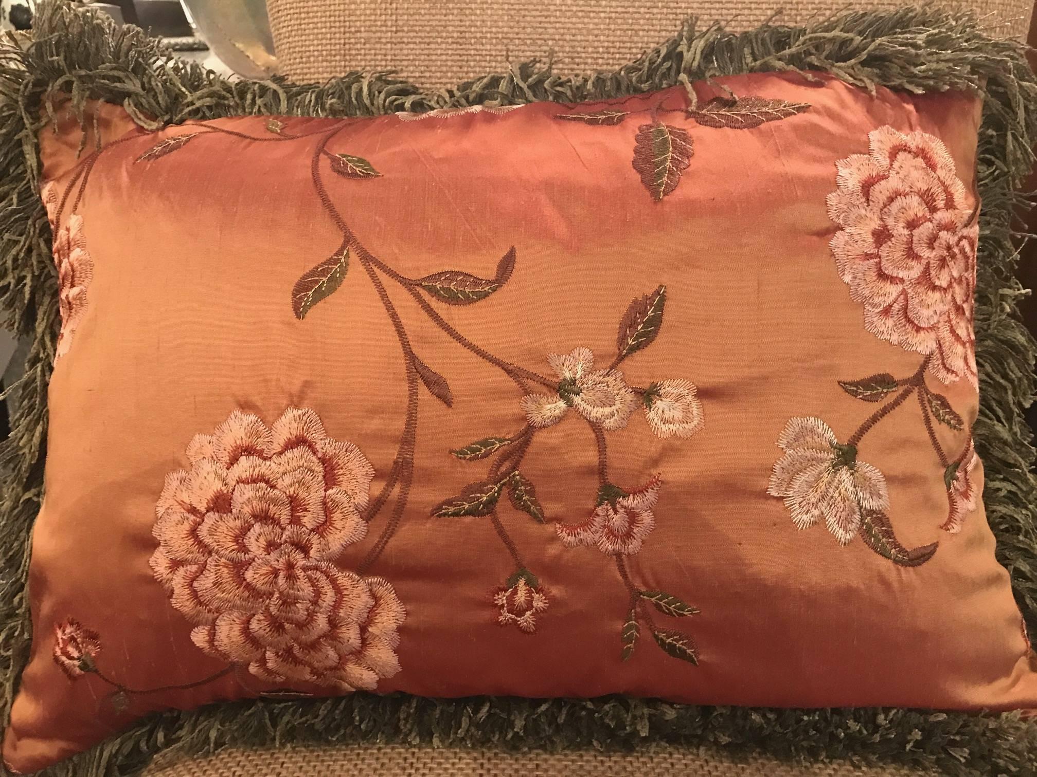 Embroidered Pair of Coral Silk Decorator Pillows with Down and Feather