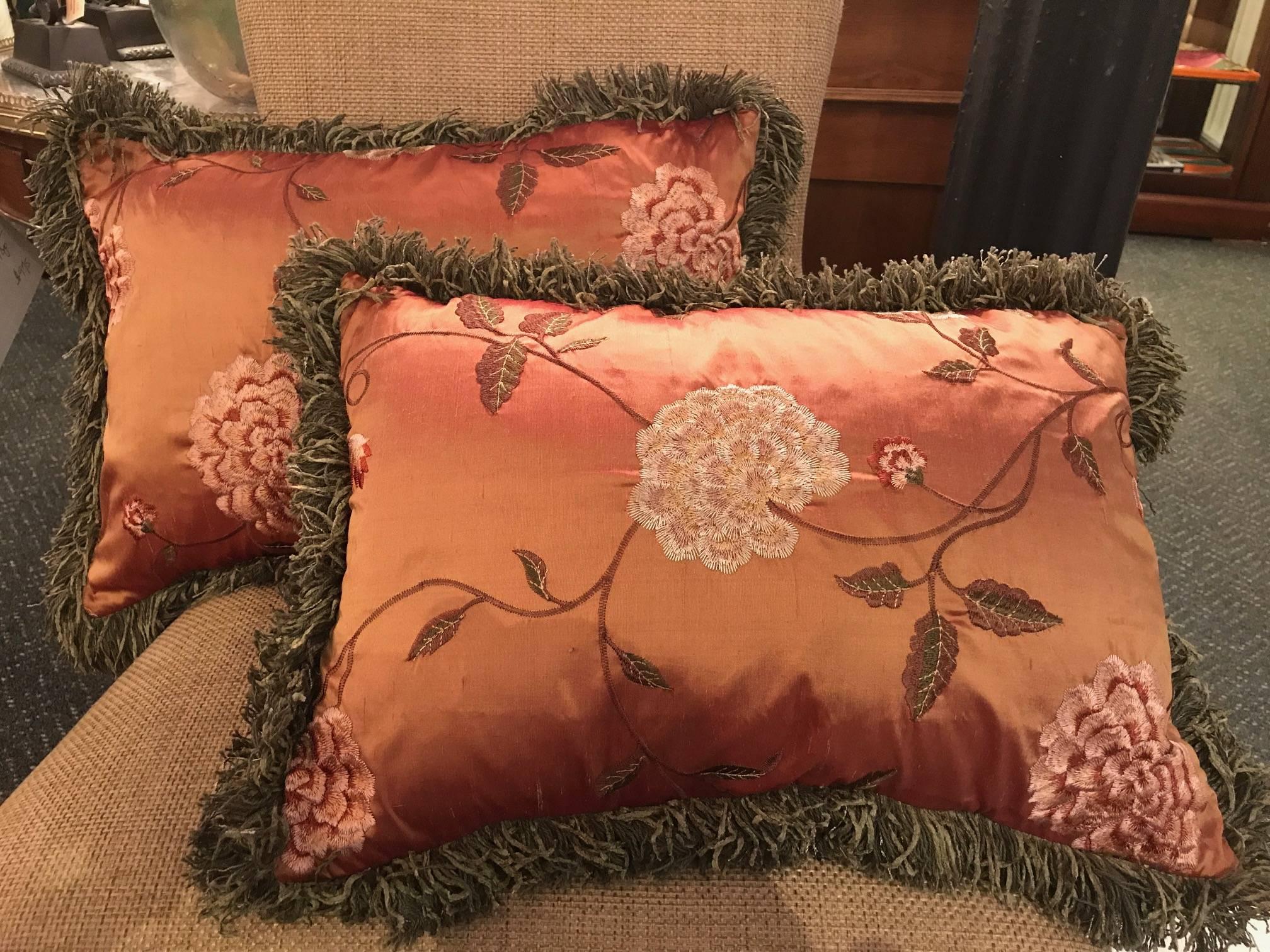 Pair of Coral Silk Decorator Pillows with Down and Feather 1