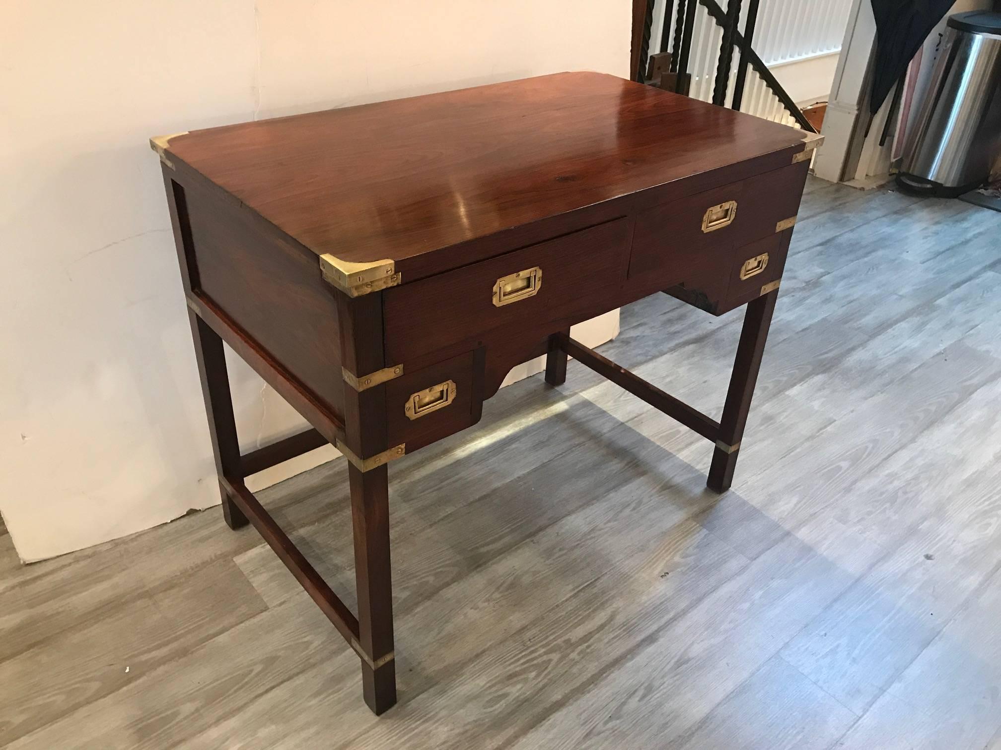 Rosewood campaign desk with brass mounts, dovetailed drawers, mortise and tenon construction with inset brass handles, Anglo-Indian for the European and American market. All the Classic Campaign details.