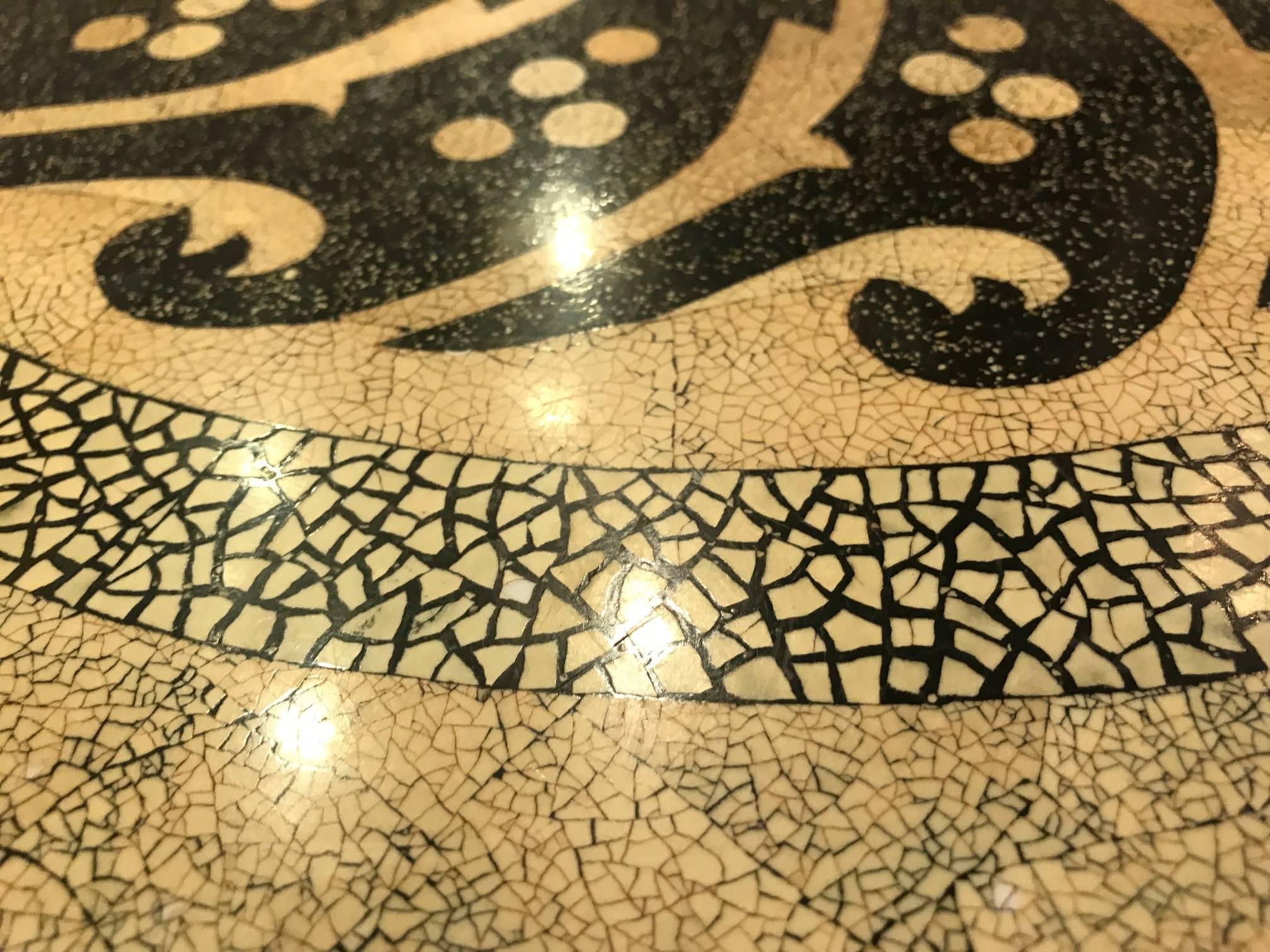 Round Lacquer and Ostrich Mosaic Topped Maitland Smith Swan Table In Excellent Condition In Lambertville, NJ