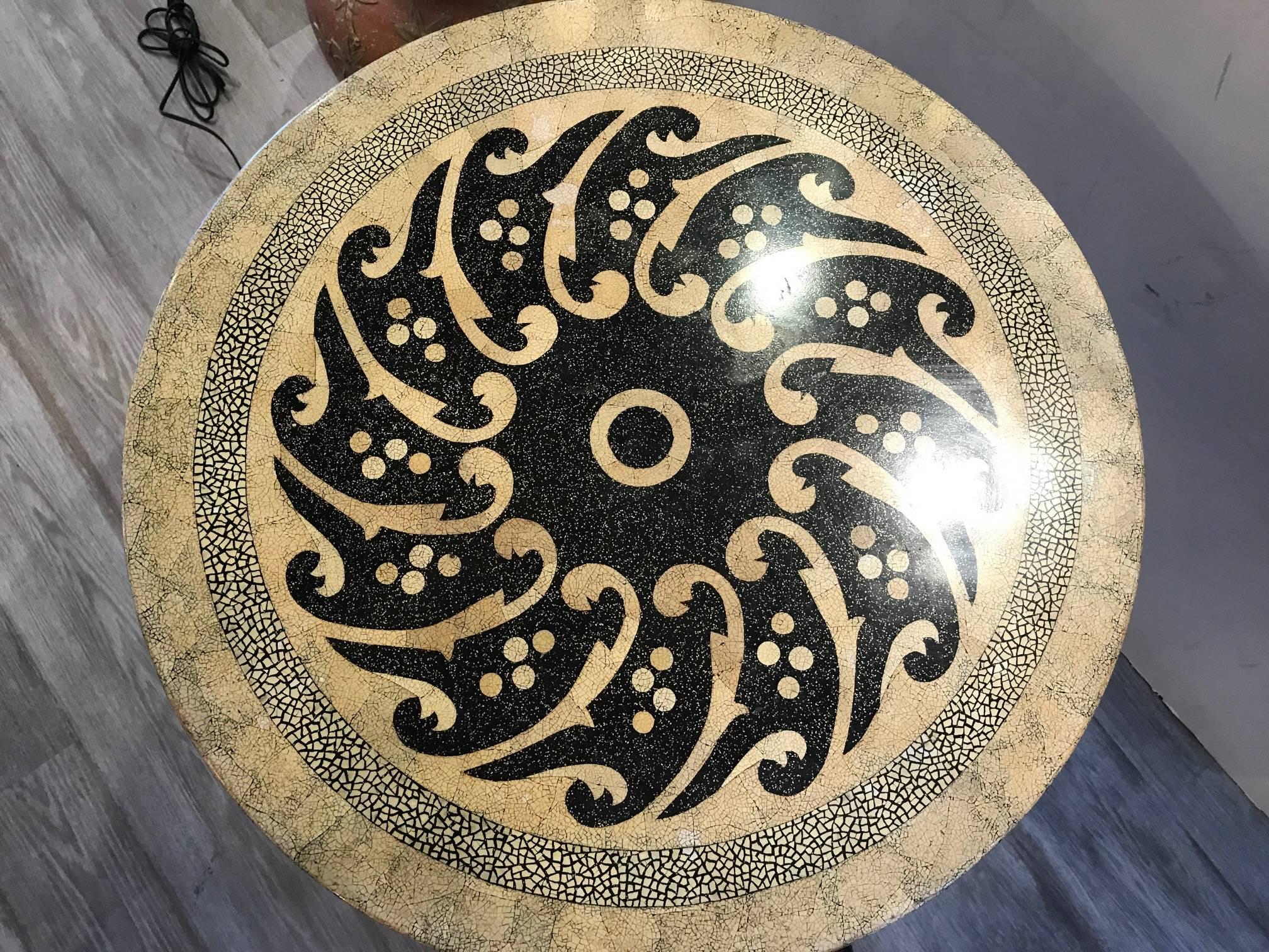 Round Lacquer and Ostrich Mosaic Topped Maitland Smith Swan Table 1