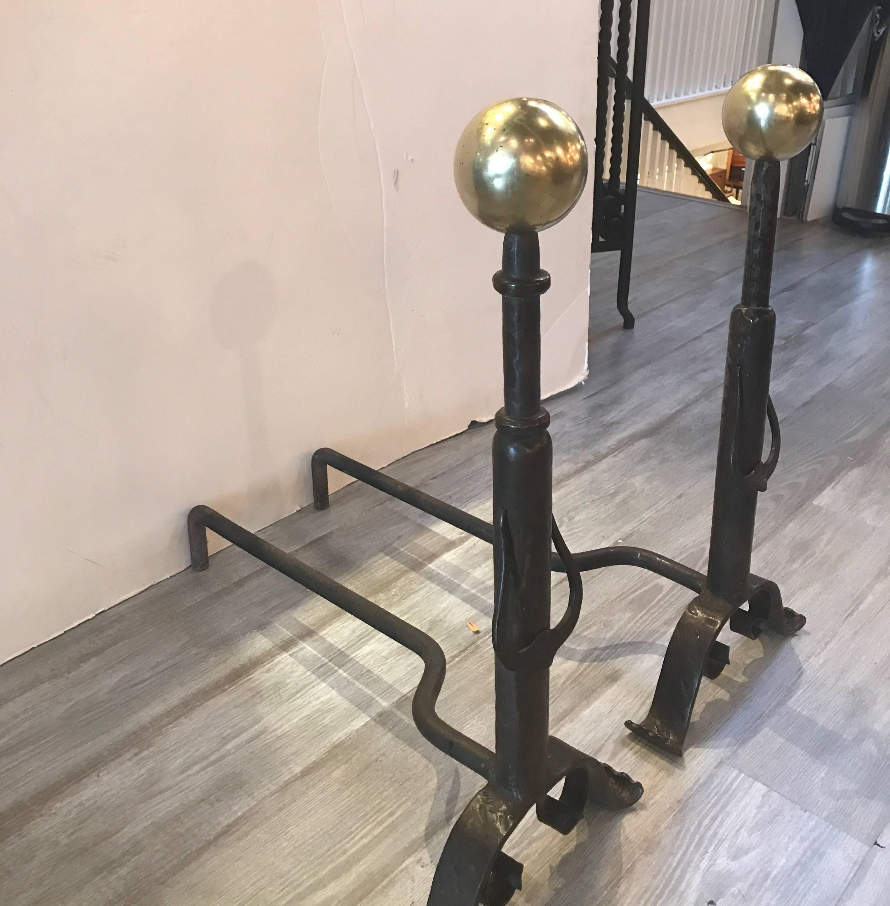 Pair of Hand-Hammered and Forged Andirons In Excellent Condition In Lambertville, NJ