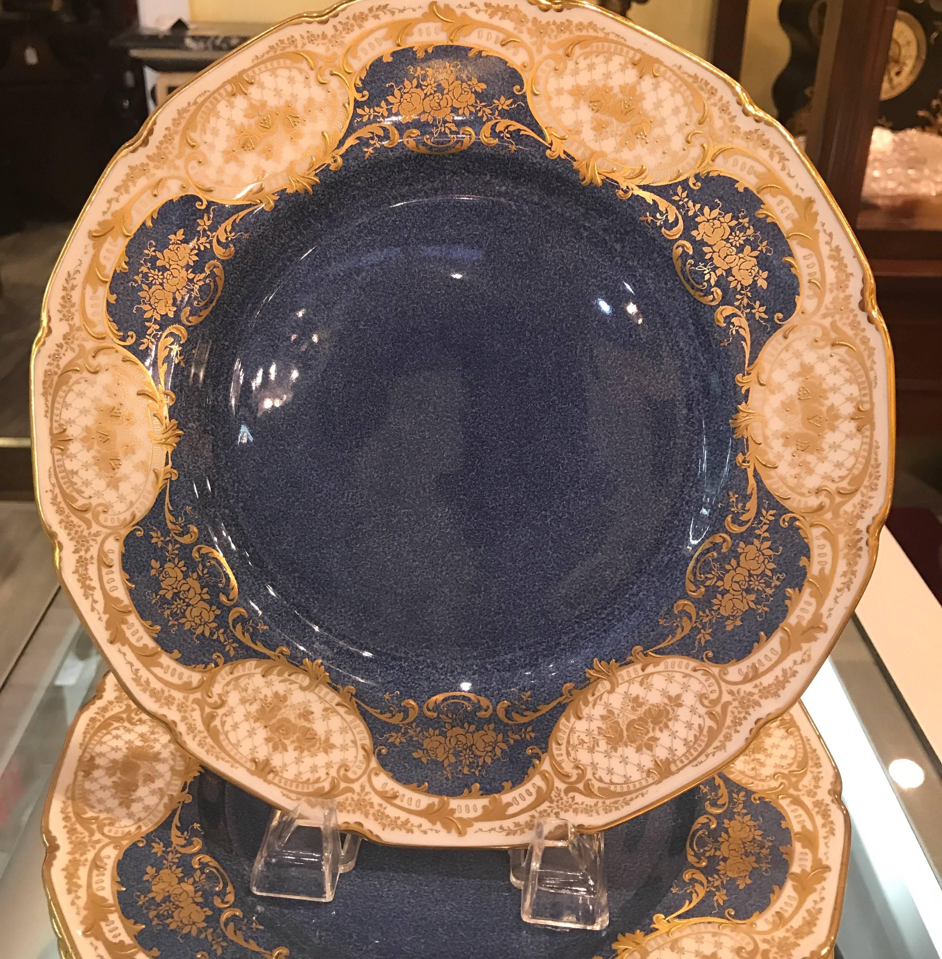 Hand-Painted Set of 12 Sumptuous English Raised Gilt Service Plates