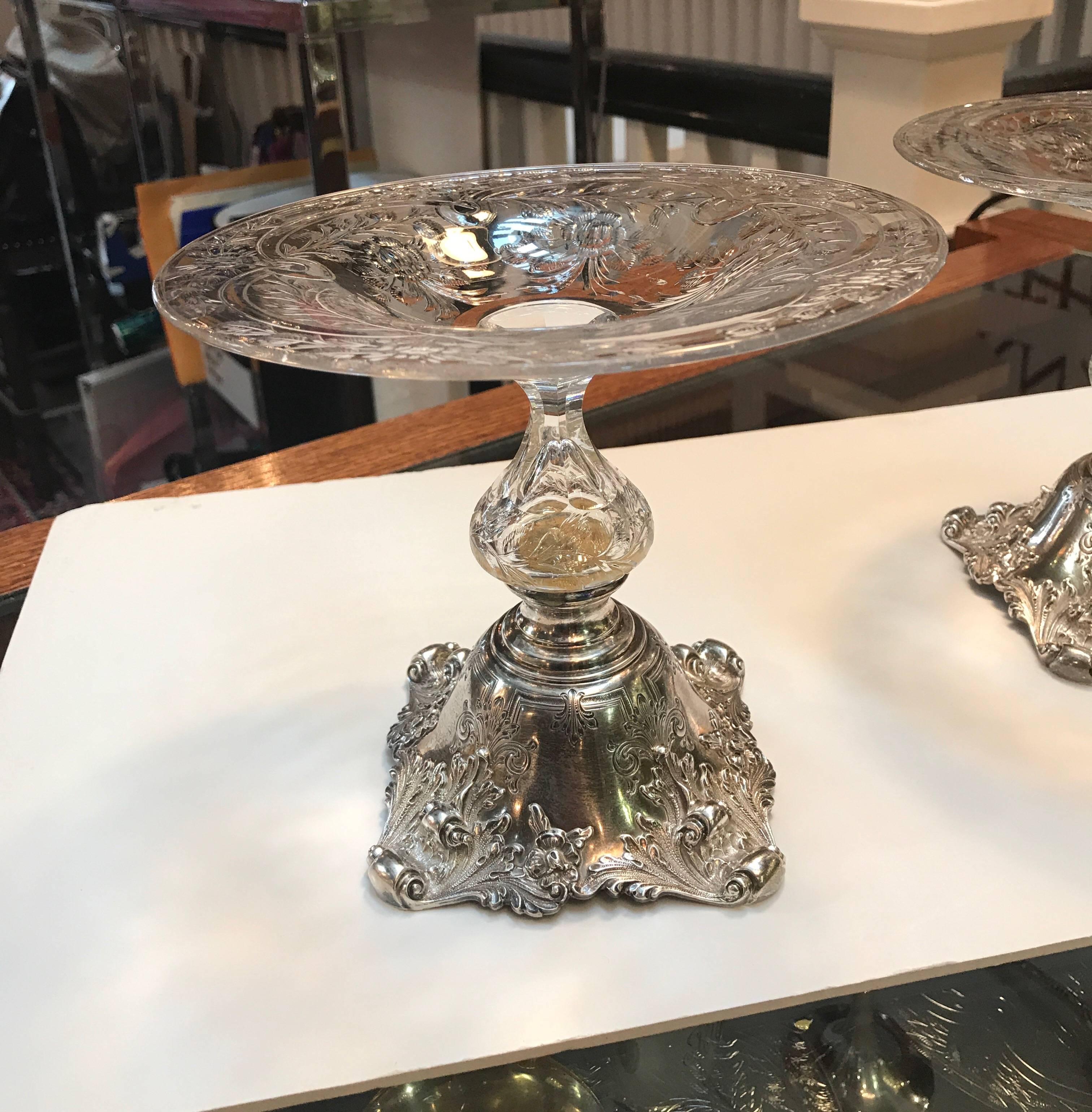 Pair of Sterling and Glass Compote Tazzas, 19th Century 1